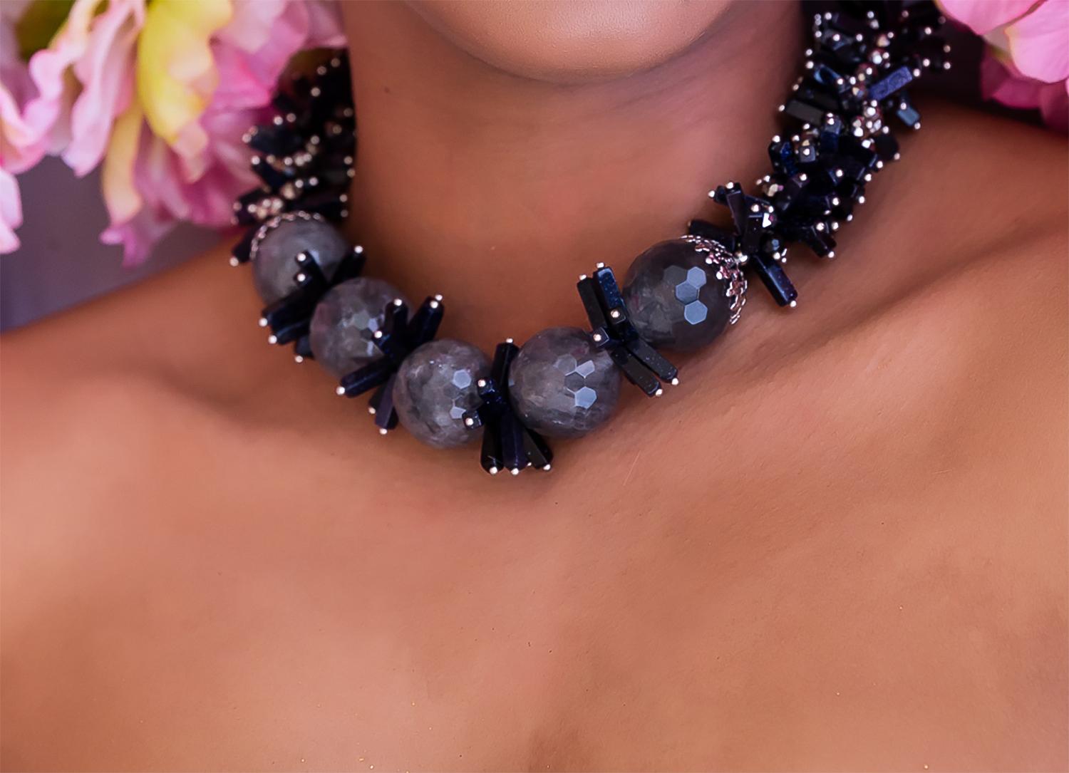 Contemporary Zuri Perle Handmade Ariyo Labradorite and Blue Goldstone Necklace For Sale