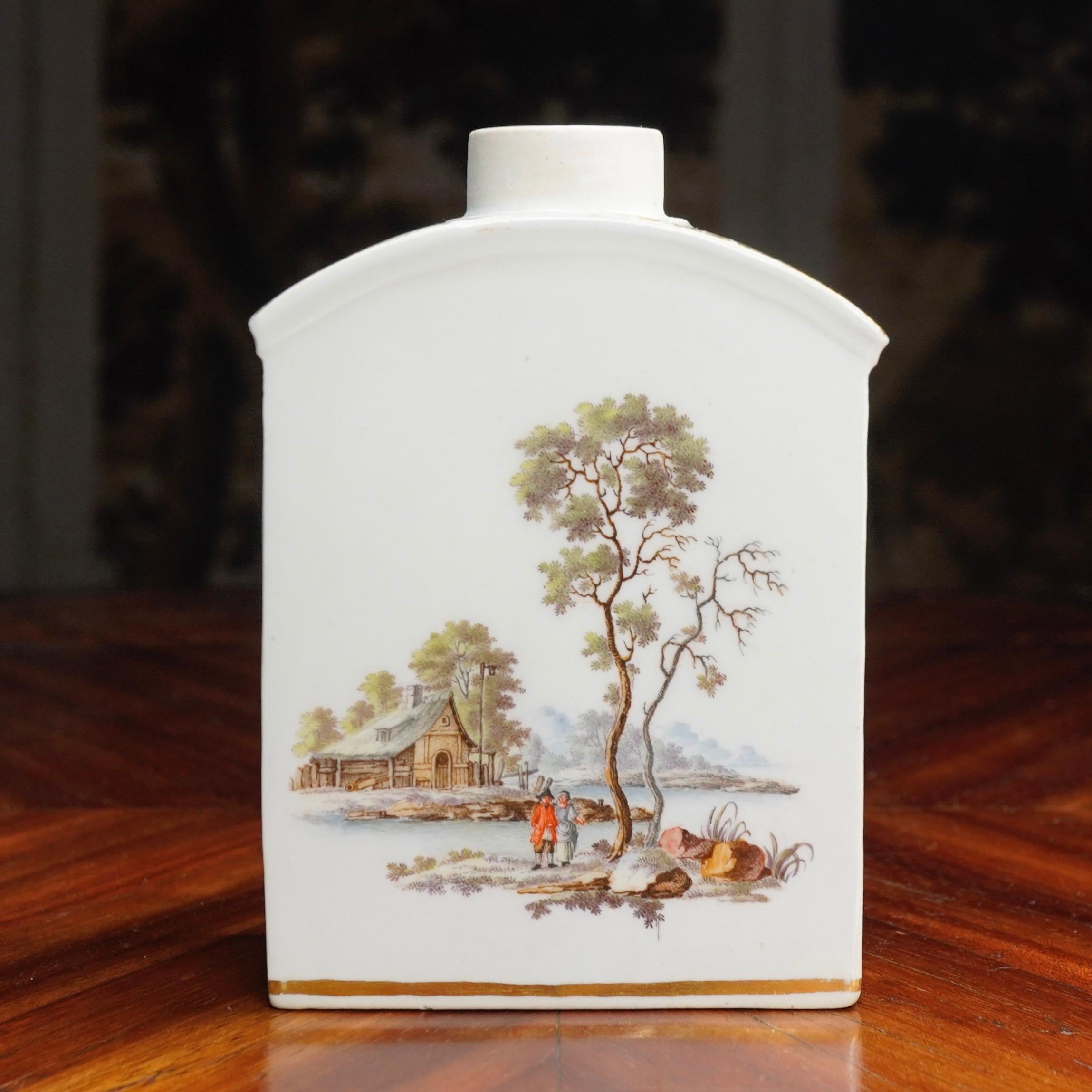Rare Zurich (Switzerland) tea canister, painted with finely detailed landscapes in the Meissen manner.
‘Z’ and incised ‘D’ mark,
circa 1775.