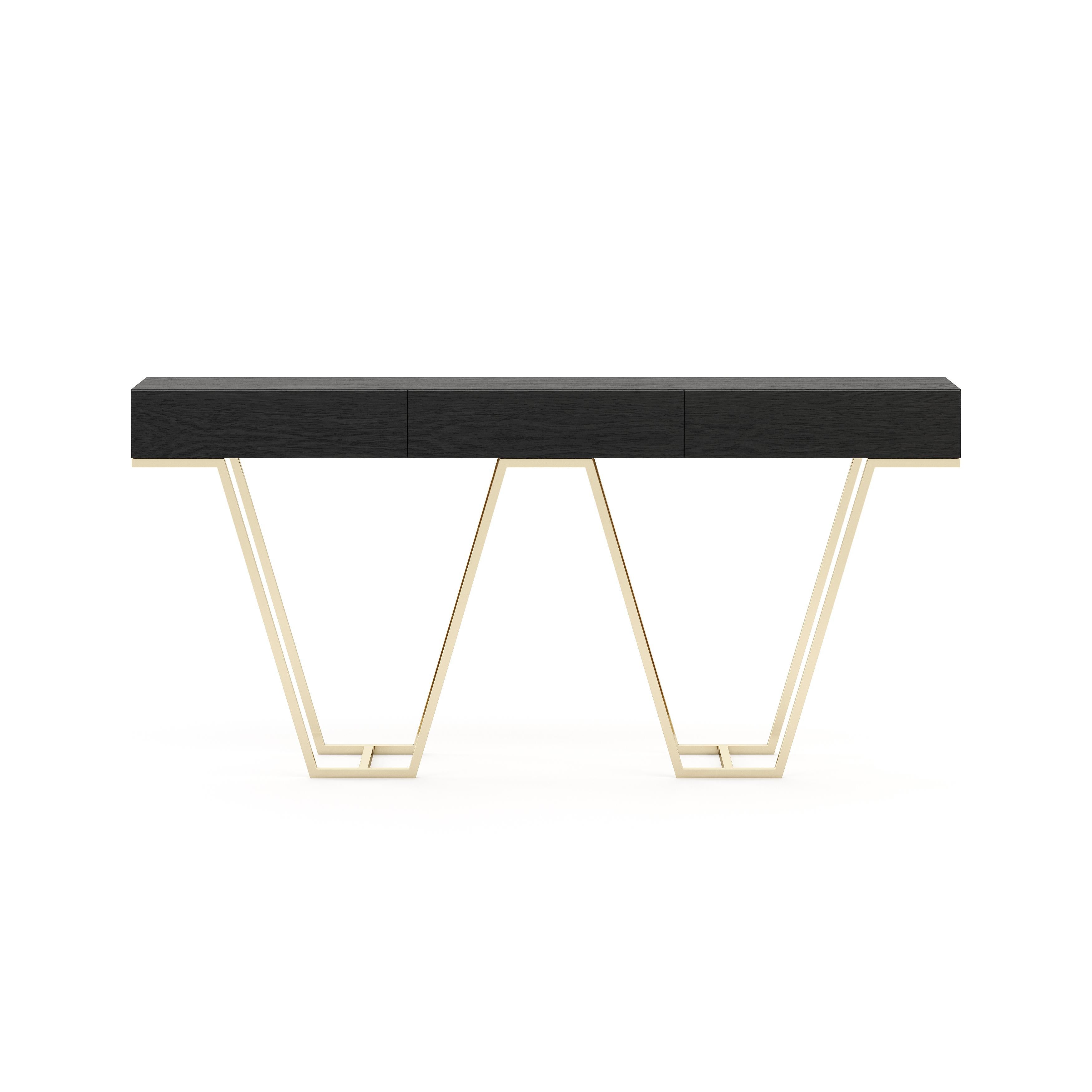 Handcrafted by Laskasas talented craftsmen, Zurique console is an elegant wooden piece, with natural or lacquer finish. It features a three-drawer version with a split frame and a two-drawer version, which is supported by a unique structure. This