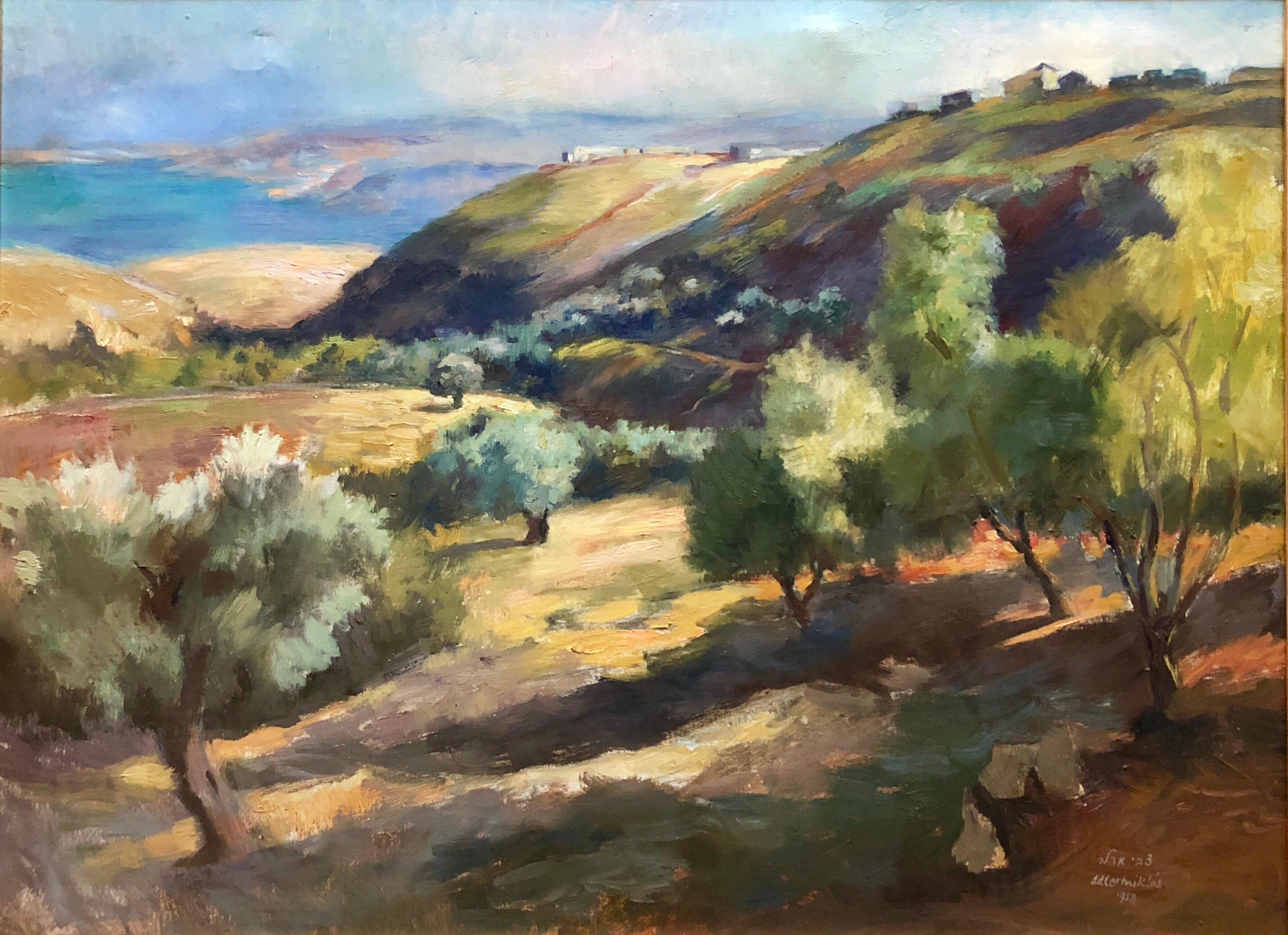 In this painting the artist depicts the verdant hillsides outside Jerusalem, the use of complementary colors next to each other makes them appear more vibrant and and allows for the perspective to be slightly exaggerated.
Signed and titled in