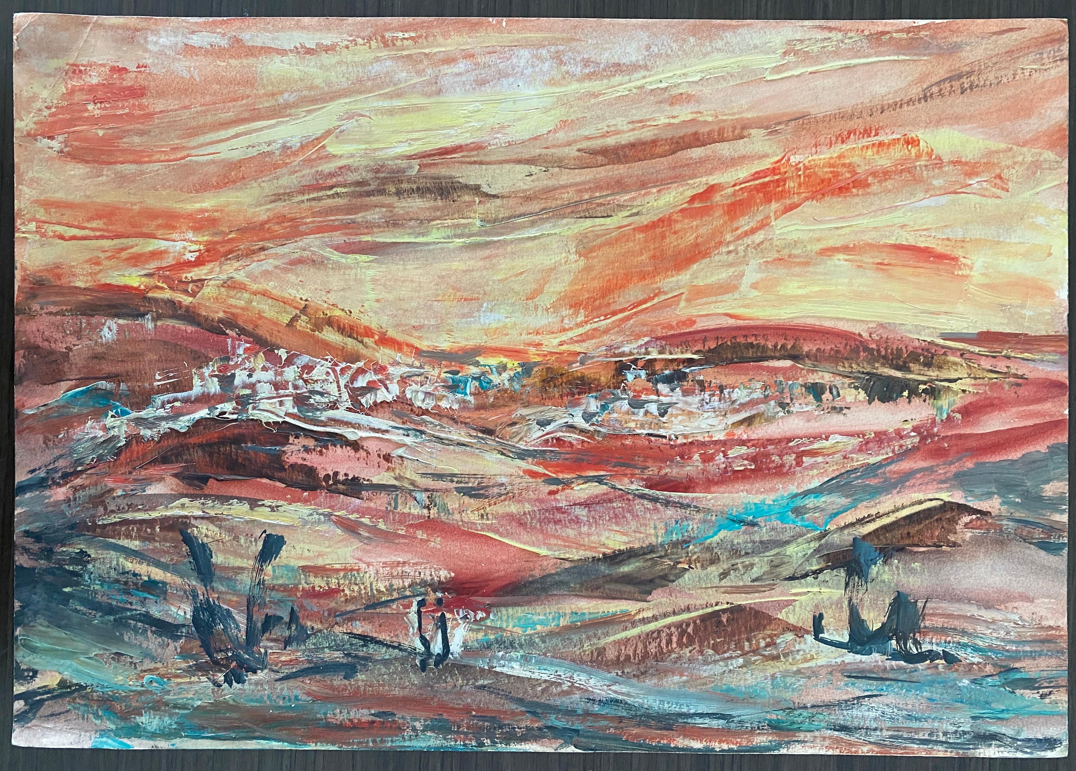 In this painting the artist depicts the verdant hillsides outside Jerusalem, the use of complementary colors next to each other makes them appear more vibrant and and allows for the perspective to be slightly exaggerated.
Signed and titled in