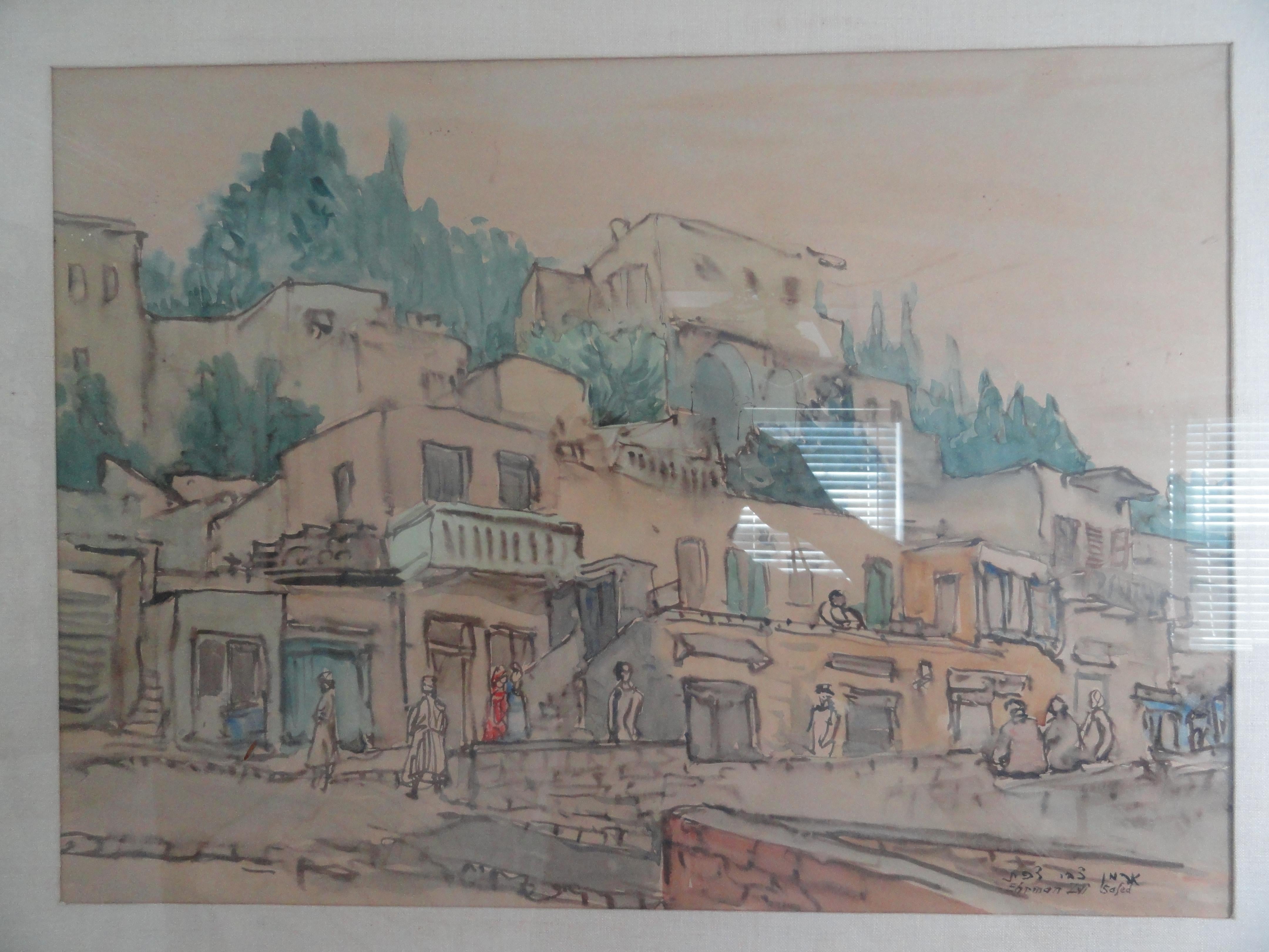 Zvi Ehrman (1903-1993) signed water color. Krakow, Poland - Safed, Israel, 1993.
Zvi Ehrman was a talented aquarelist who focused his work on Jewish subjects and landscapes to Israel. He studied at the Art Academy of Krakow and taught art at the