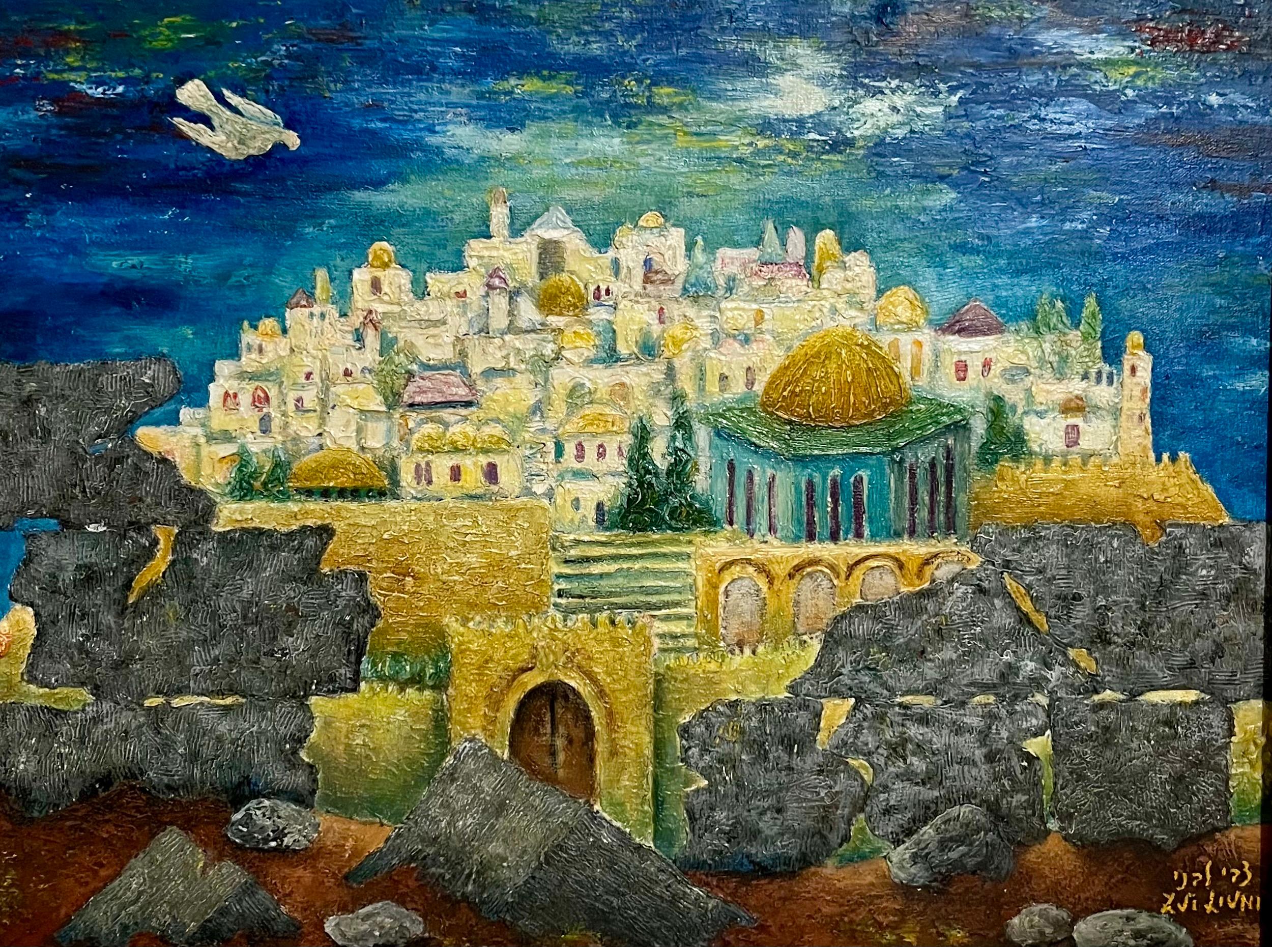 Modernista Città Vecchia di Gerusalemme Israel Paesaggio Pittura ad olio Zvi Livni Arte Giudaica in vendita 1