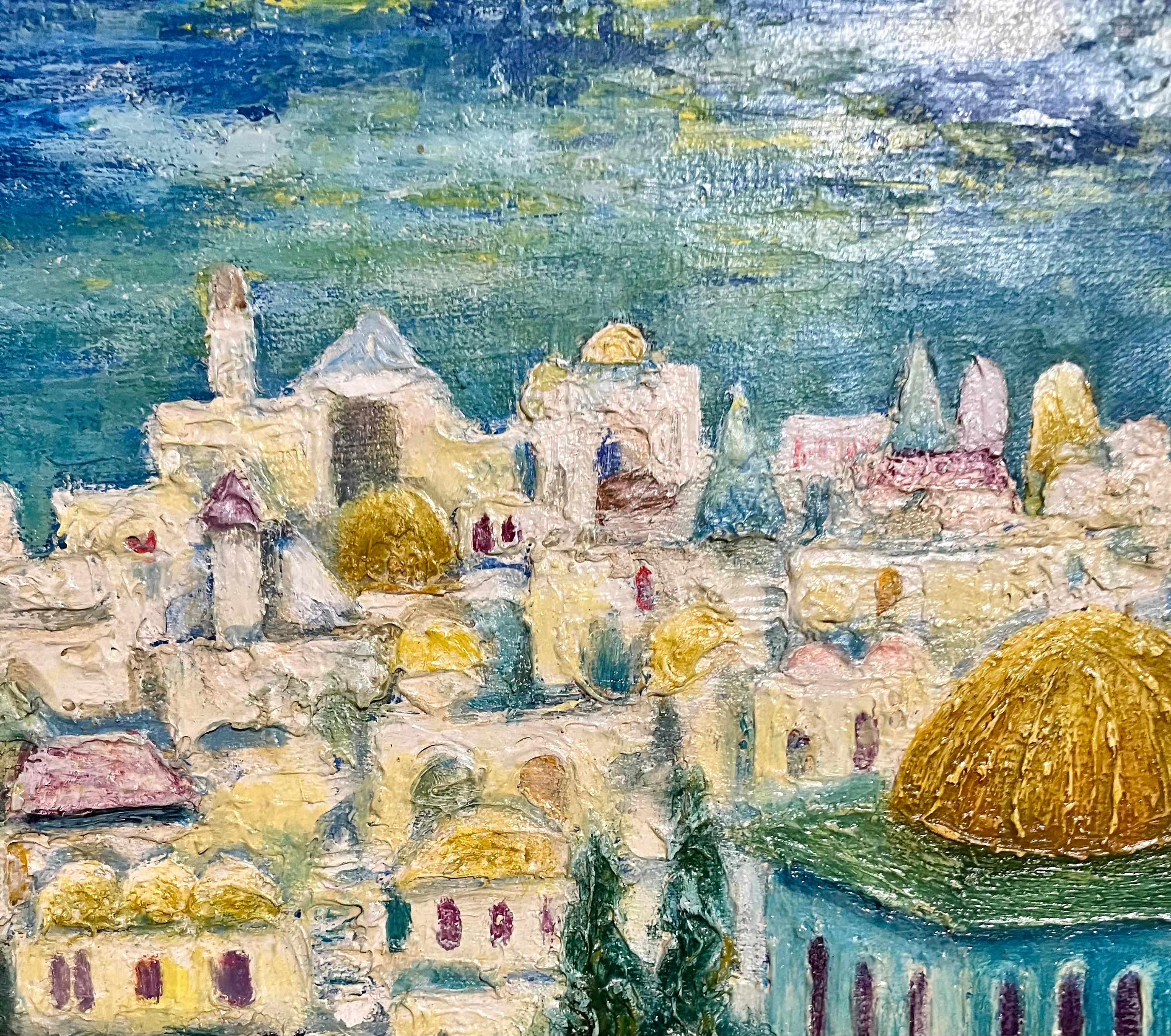 Modernista Città Vecchia di Gerusalemme Israel Paesaggio Pittura ad olio Zvi Livni Arte Giudaica in vendita 2