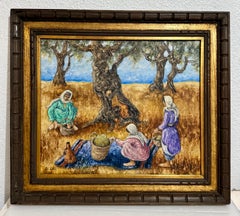 Modernist Picnic Olive Trees Israel Landscape Oil Painting Zvi Livni Israeli Art