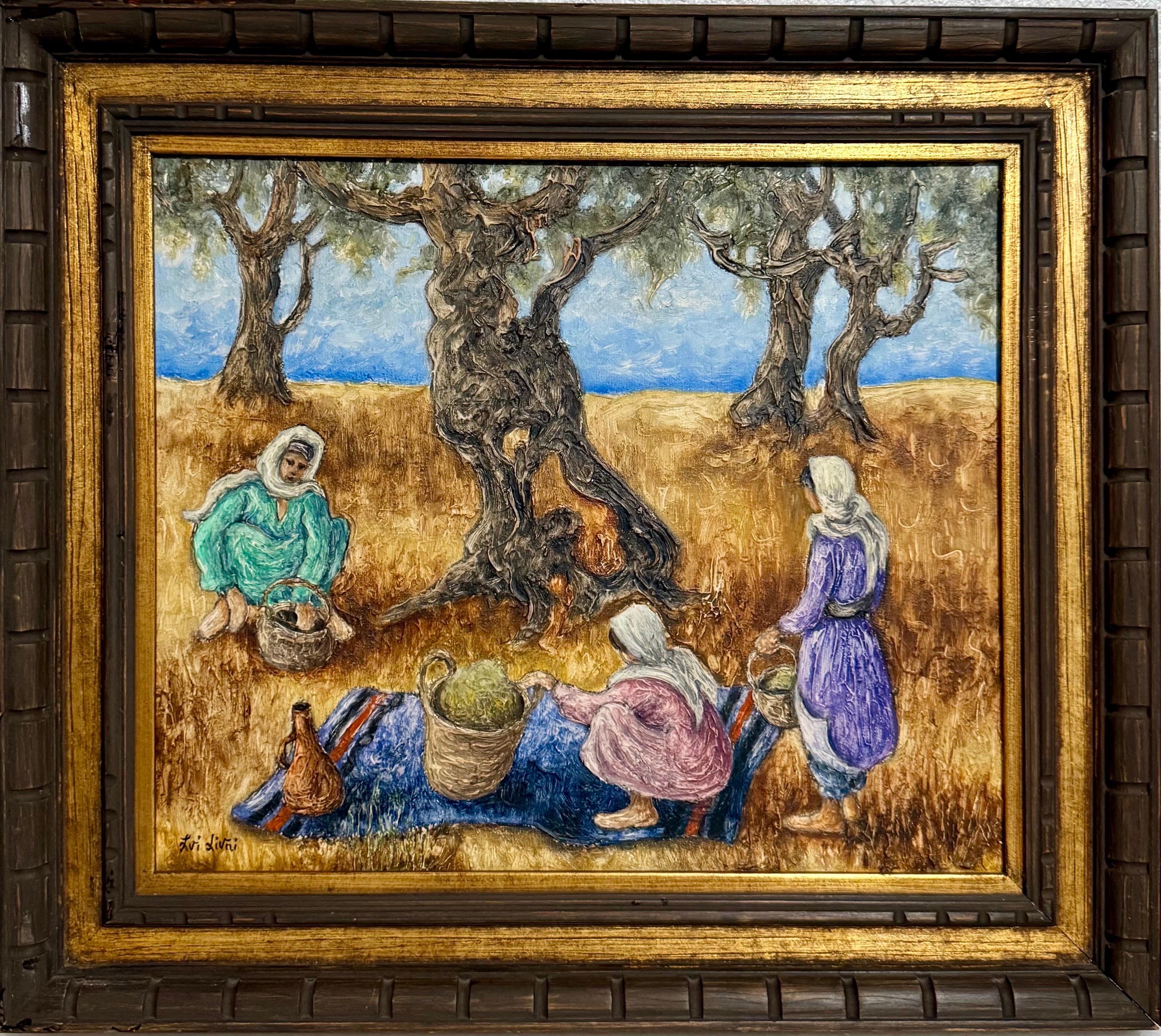 Moderniste pique-nique oliviers paysage Israel peinture a l
huile Zvi Livni art israelien