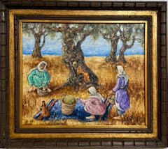 Modernist Picnic Olive Trees Israel Landscape Oil Painting Zvi Livni Israeli Art