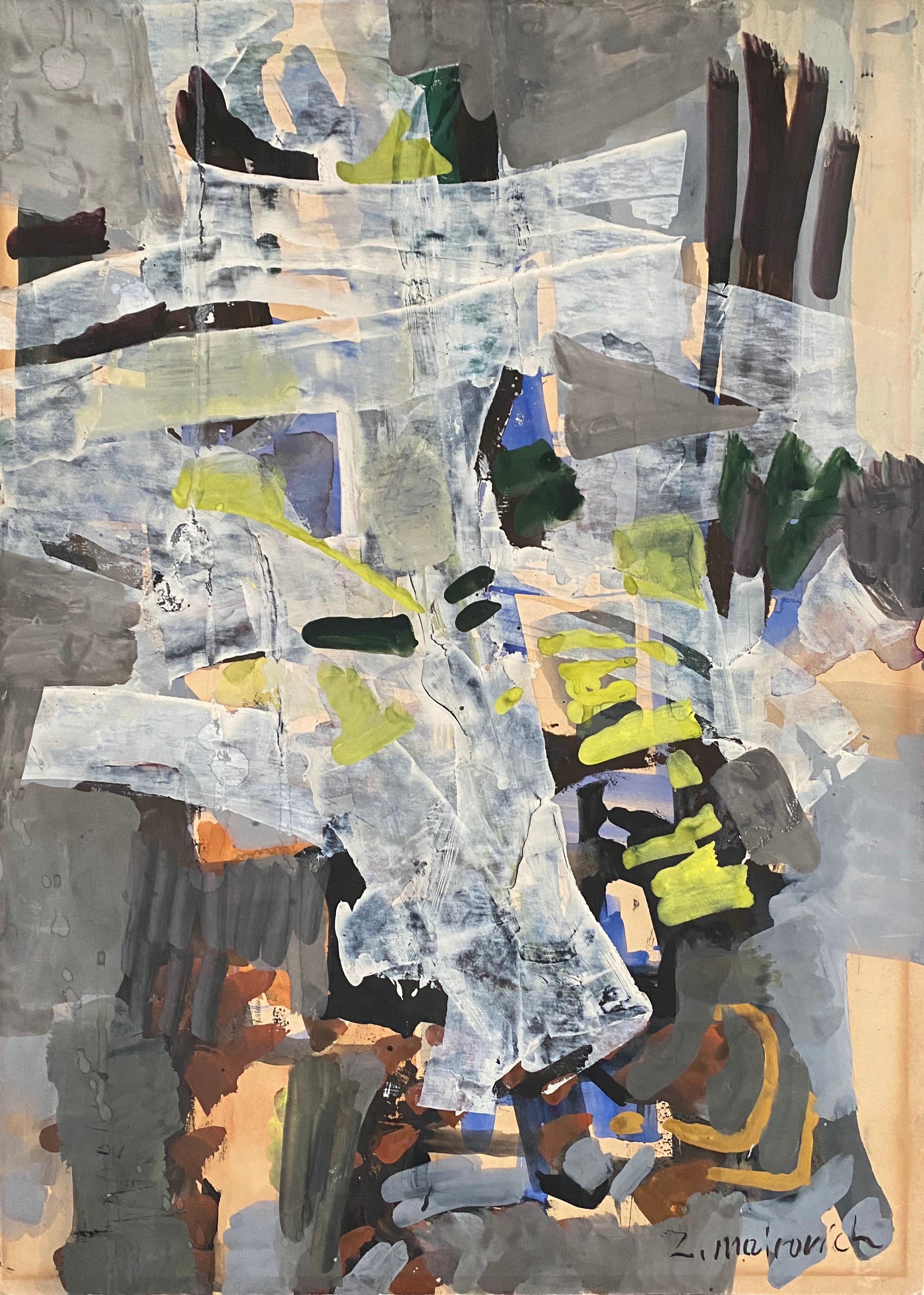 Abstract Painting de Zvi Mairovich - Flores blancas abstractas Pintura modernista israelí al gouache y acuarela