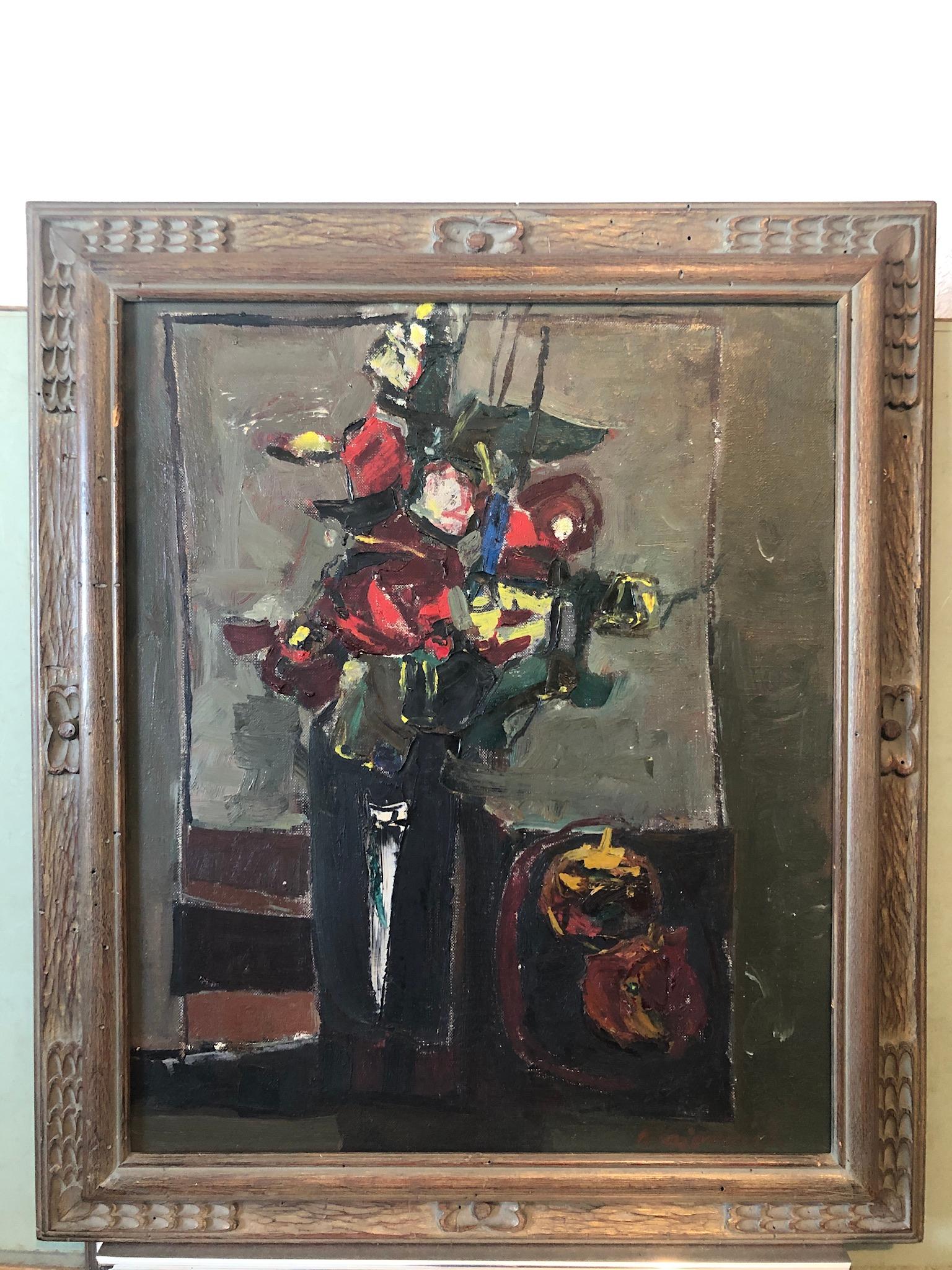 Bold, colorful abstract bouquet of flowers in a vase.
 29.5 X 25.5 inches, framed.  24 X 20 canvas in original carved wood frame.
Provenance: Gallery hadassa (Klachkin) Tel Aviv. Bears label remnant verso.

Zvi Mairovich (1911-1974) was one of the