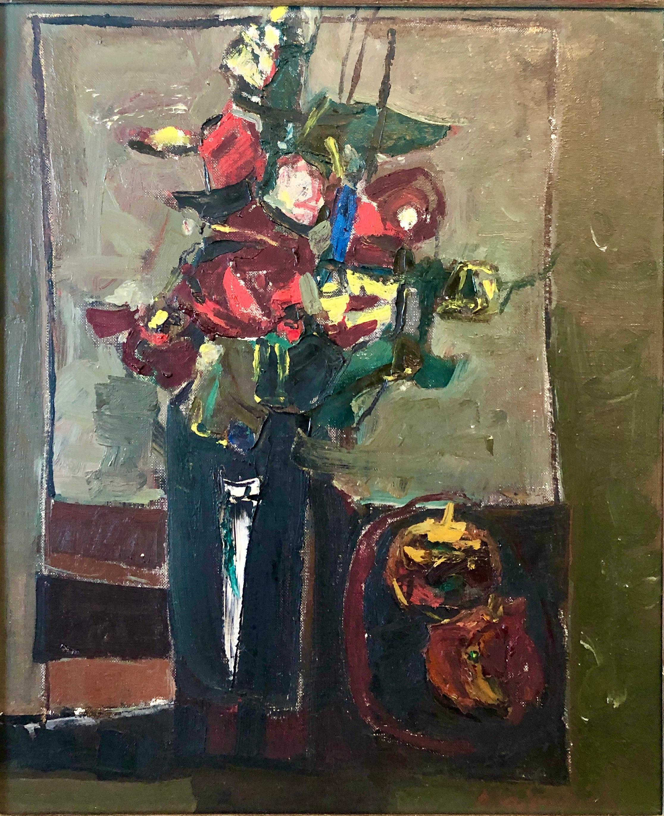 Zvi Mairovich Still-Life Painting - Israeli Abstract Flowers Tel Aviv Modernist Vibrant Floral Oil Painting 