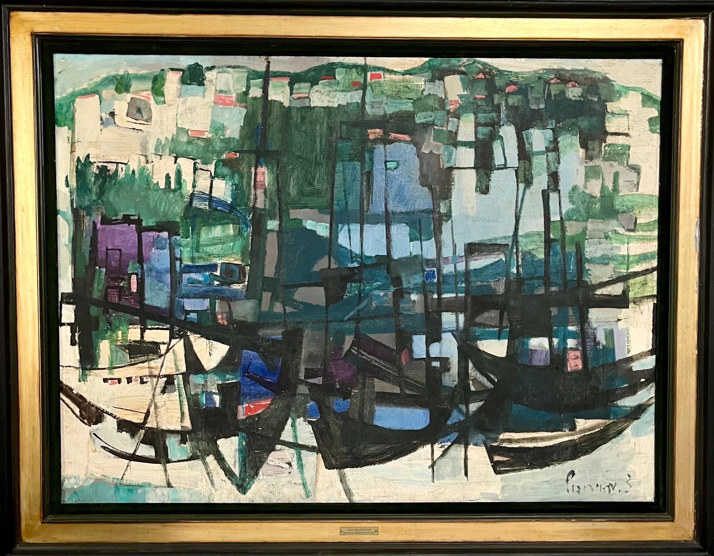 Gran cuadro al óleo modernista abstracto israelí polaco Puerto de Tel Aviv Mairovich - Painting de Zvi Mairovich