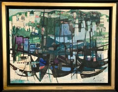 Grande pittura a olio polacca israeliana astratta modernista Tel Aviv Harbor Mairovich