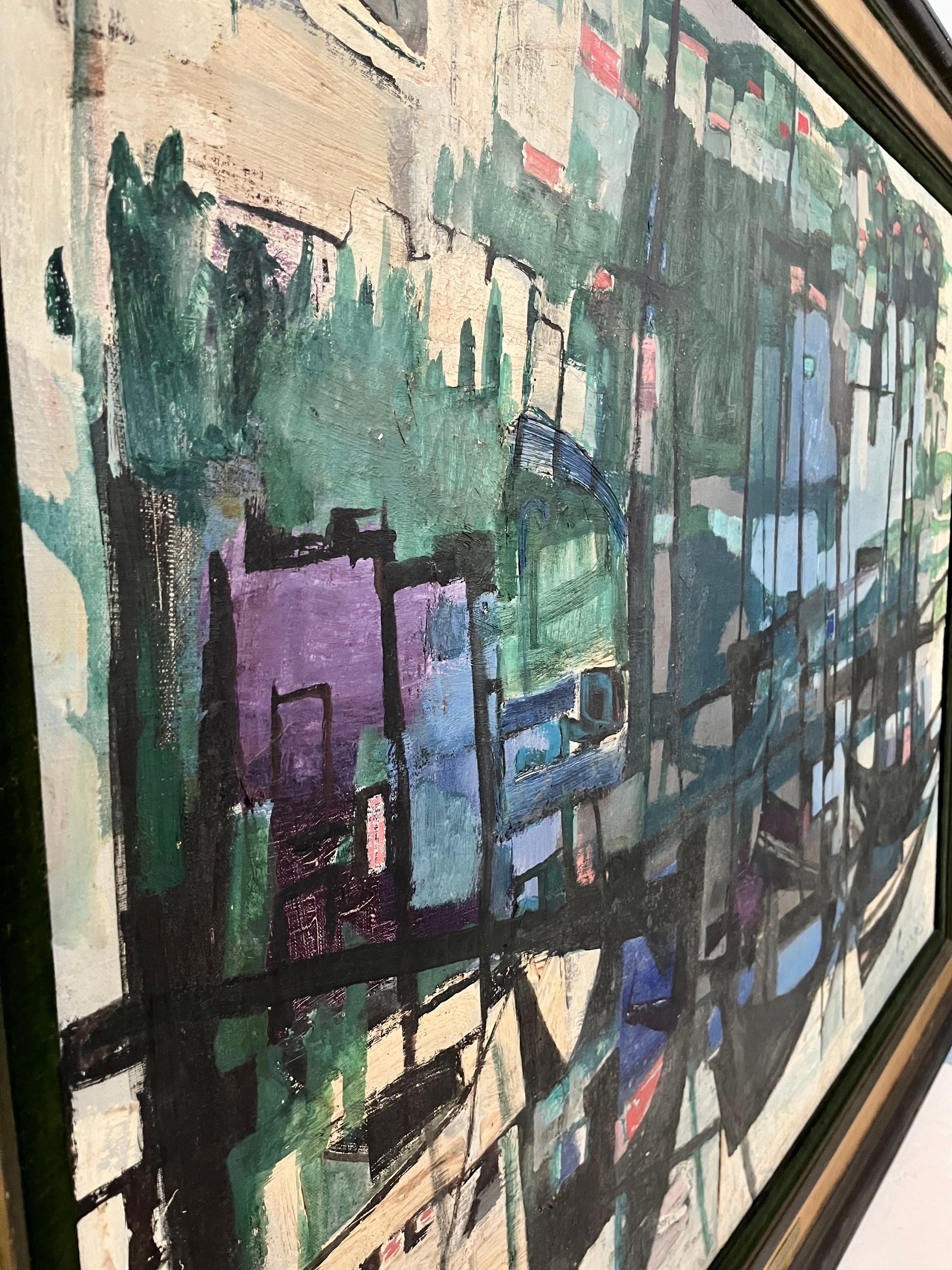 Zvi Mairovich. (Polonia, Israel 1911-1974)
Gran escena portuaria abstracta con barcos. Colores vibrantes. Óleo sobre lienzo. Firmado a mano abajo a la derecha. 
Tel Aviv, puerto de Jaffa.
Lienzo: 35,5 x 47,5 pulg. Total con marco 41,5 x 53,5 pulg.