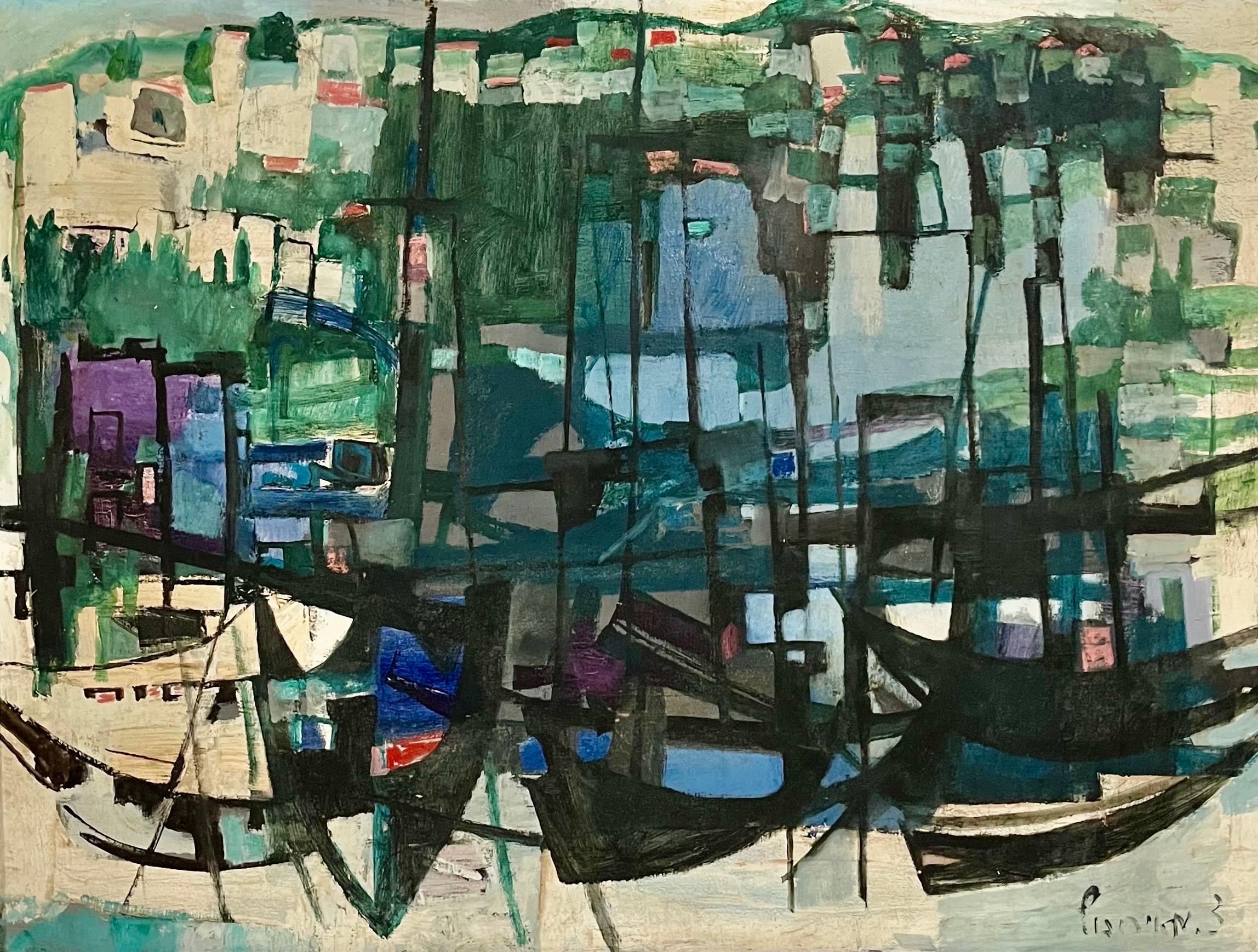 Still-Life Painting de Zvi Mairovich - Gran cuadro al óleo modernista abstracto israelí polaco Puerto de Tel Aviv Mairovich