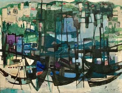 Large Polish Israeli Abstract Modernist Oil Painting Tel Aviv Harbor Mairovich