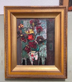 Polacco israeliano Fiori astratti Tel Aviv Modernista Pittura ad olio floreale vibrante