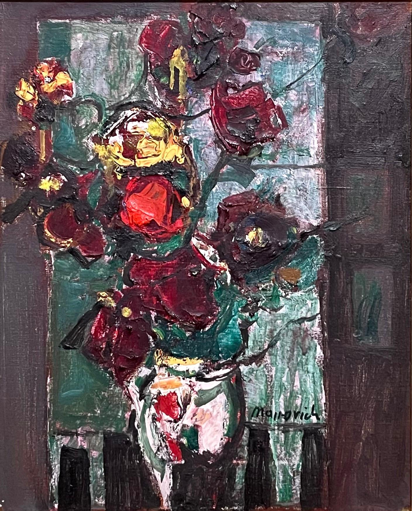 Modernistisches, lebhaftes, geblümtes Ölgemälde, Tel Aviv, Polnische, Israeli, Abstrakte Blumen  (Braun), Still-Life Painting, von Zvi Mairovich