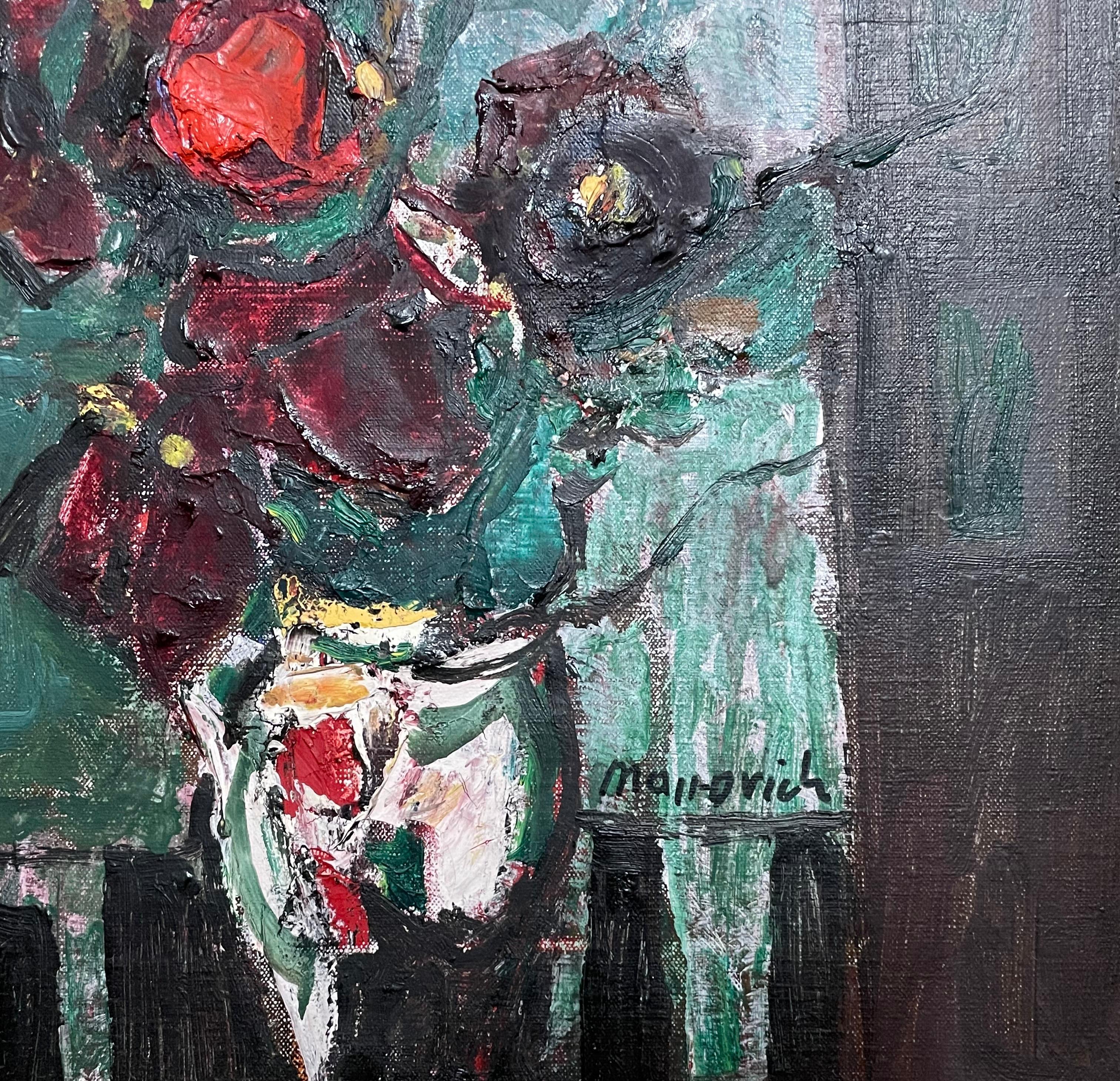 Kühnes, buntes, abstraktes Blumenbouquet in einer Vase.
 25,5 x 20 Zoll, gerahmt.  16 X 12,5 Leinwand in original geschnitztem Holzrahmen.
Provenienz: Galerie Hadassa (Klachkin) Tel Aviv. Trägt verso Reste eines Labels.

Zvi Mairovich (1911-1974)
