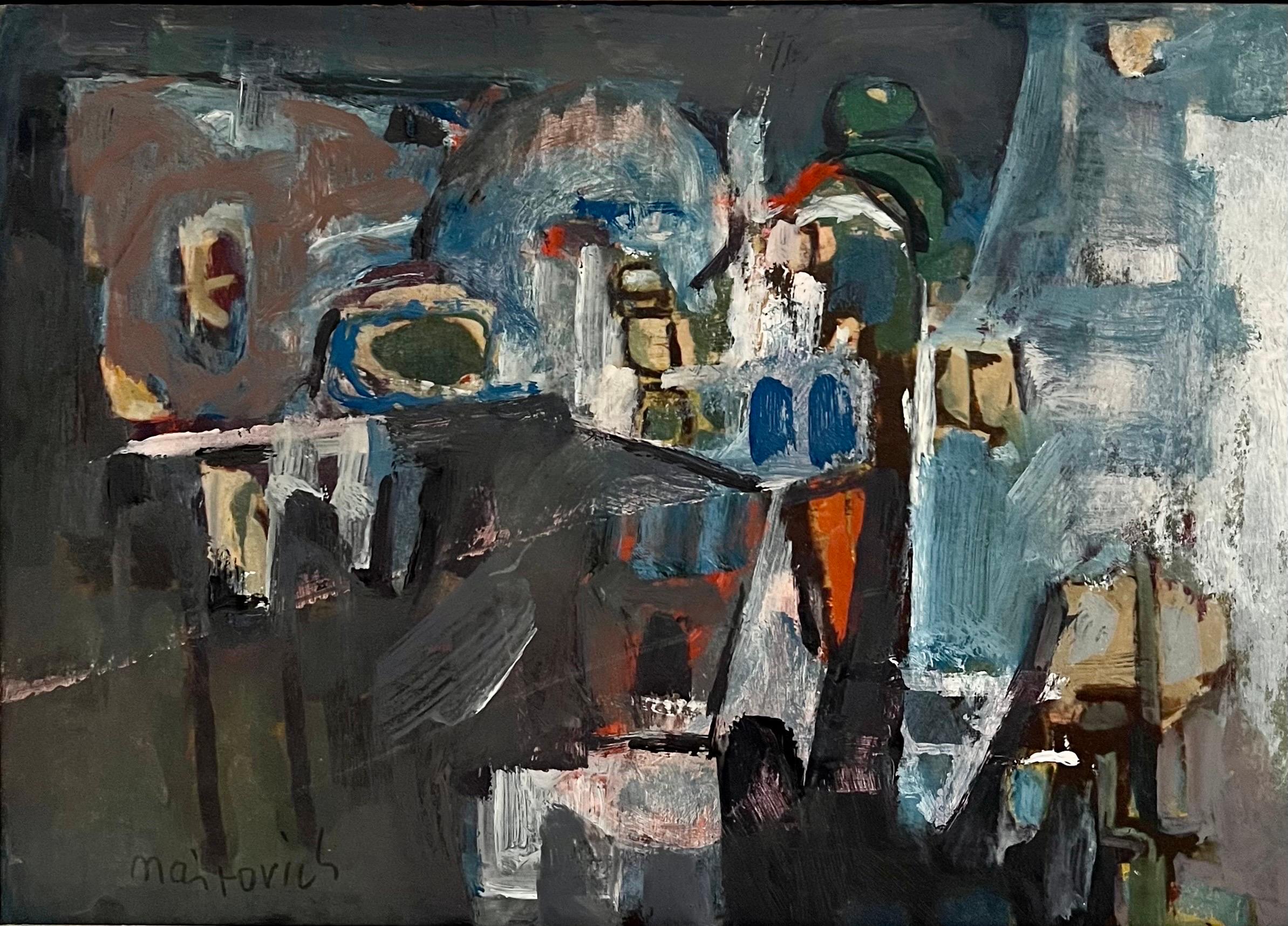 Mairovich, peinture moderniste israélienne de Tel Aviv, paysage urbain abstrait et vibrant - Painting de Zvi Mairovich
