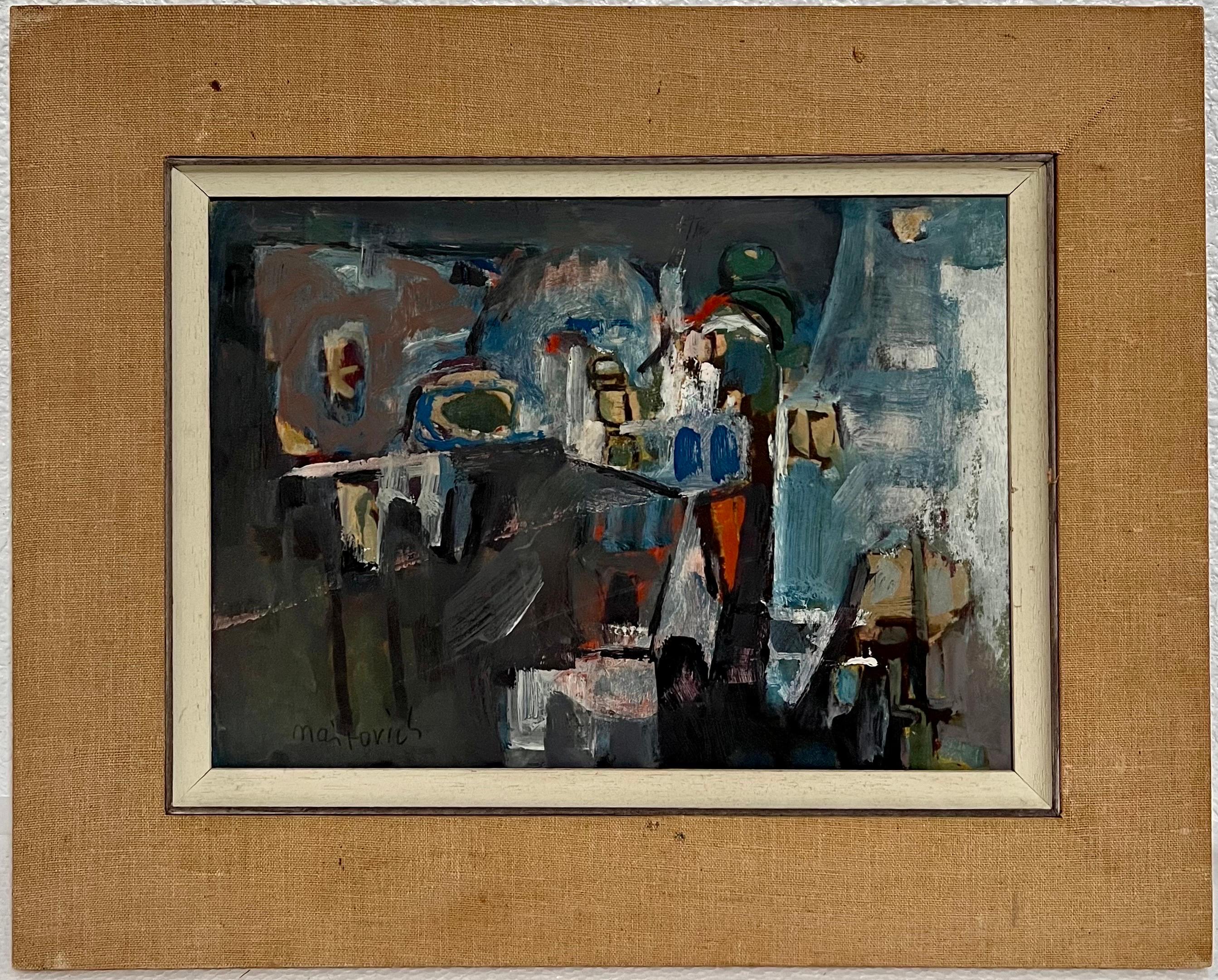 Bold, colorful abstract cityscape of Tel Aviv
15 X 19 inches including mat (needs new mat).  
painting is 10.5 X 14.5
Provenance: prominent South Florida art collection

Zvi Mairovich (1911-1974) was one of the most important Israeli abstract