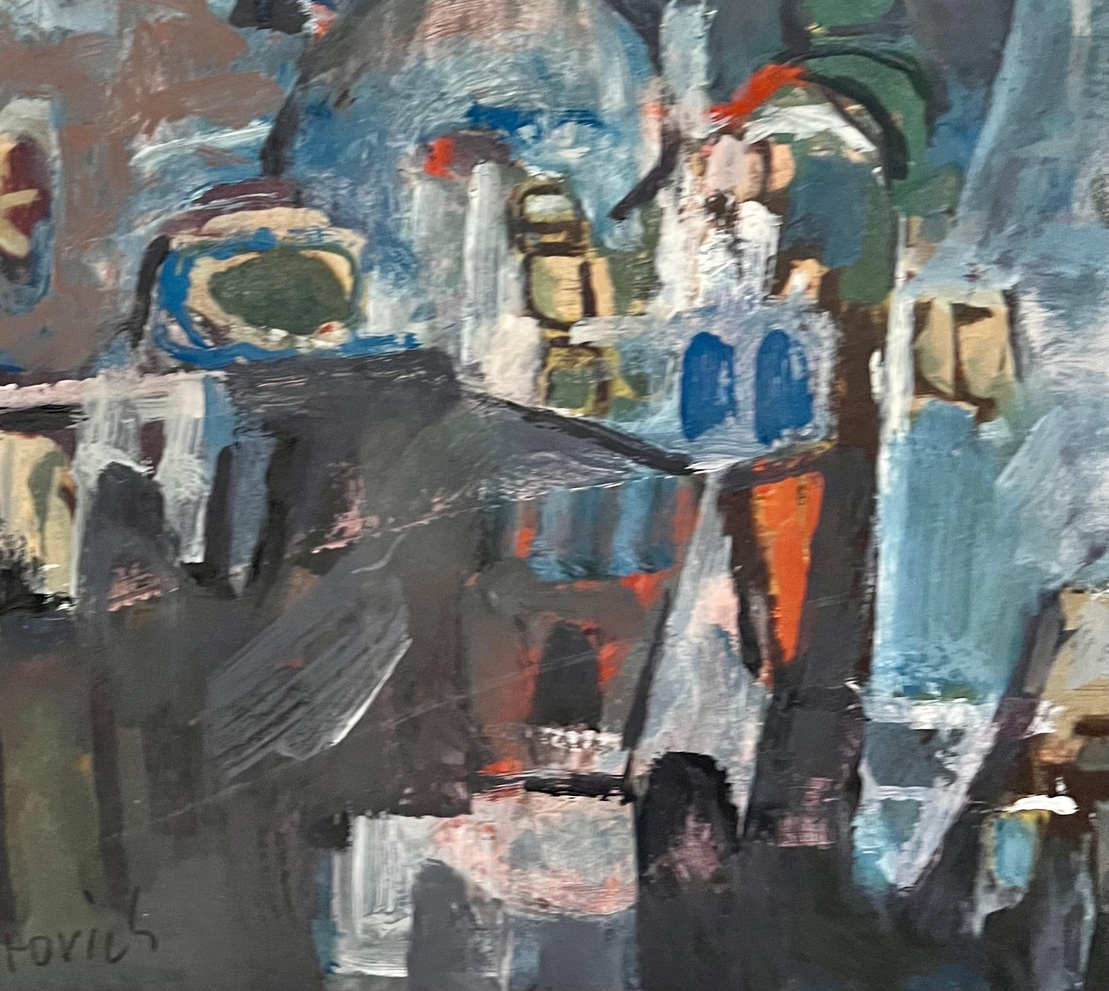 Abstrakte, lebhafte, polnische, israelische Stadtlandschaft Tel Aviv, modernistisches Gemälde Mairovich, Mairovich im Angebot 2