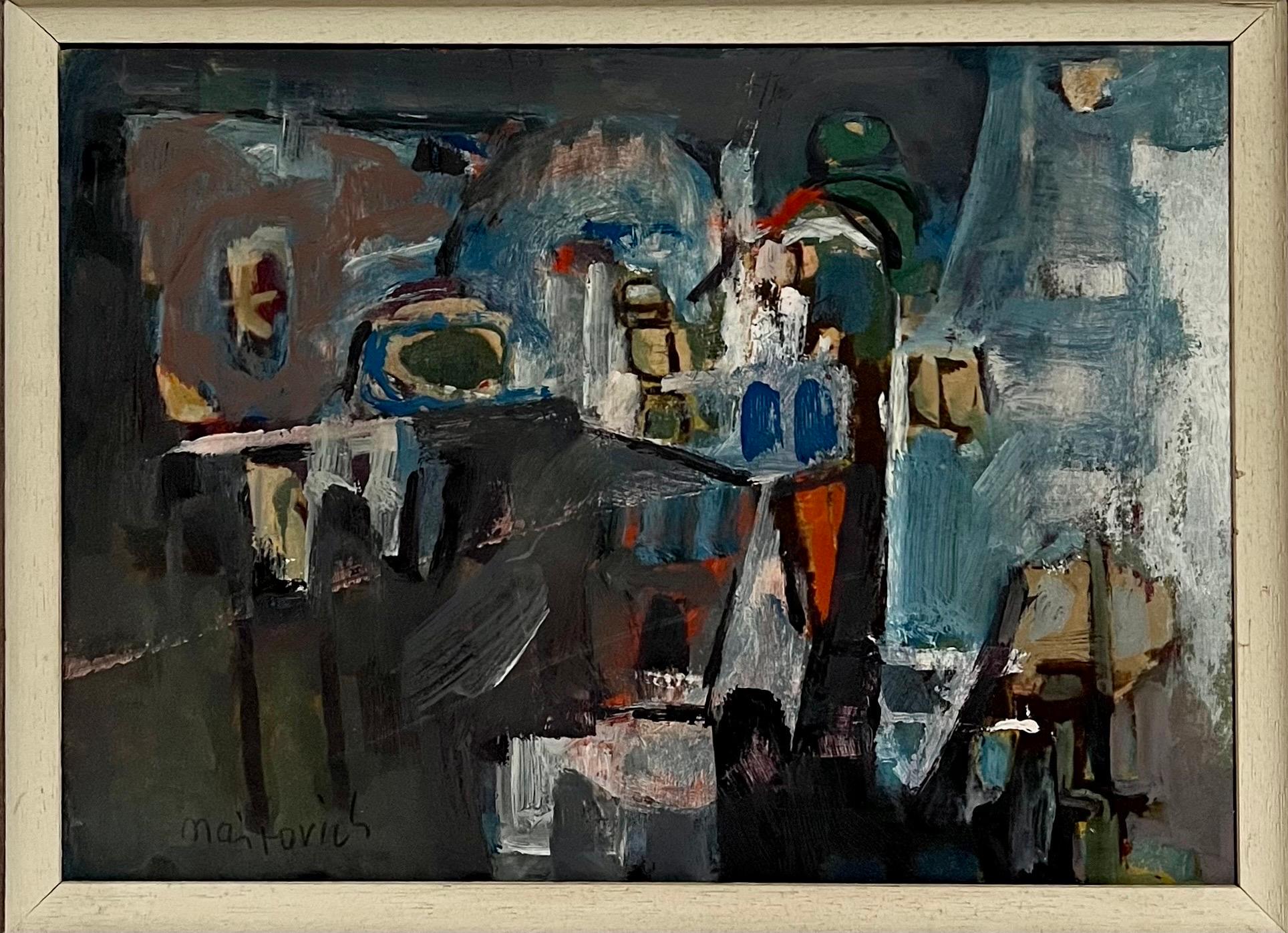 Abstract Painting Zvi Mairovich - Mairovich, peinture moderniste israélienne de Tel Aviv, paysage urbain abstrait et vibrant