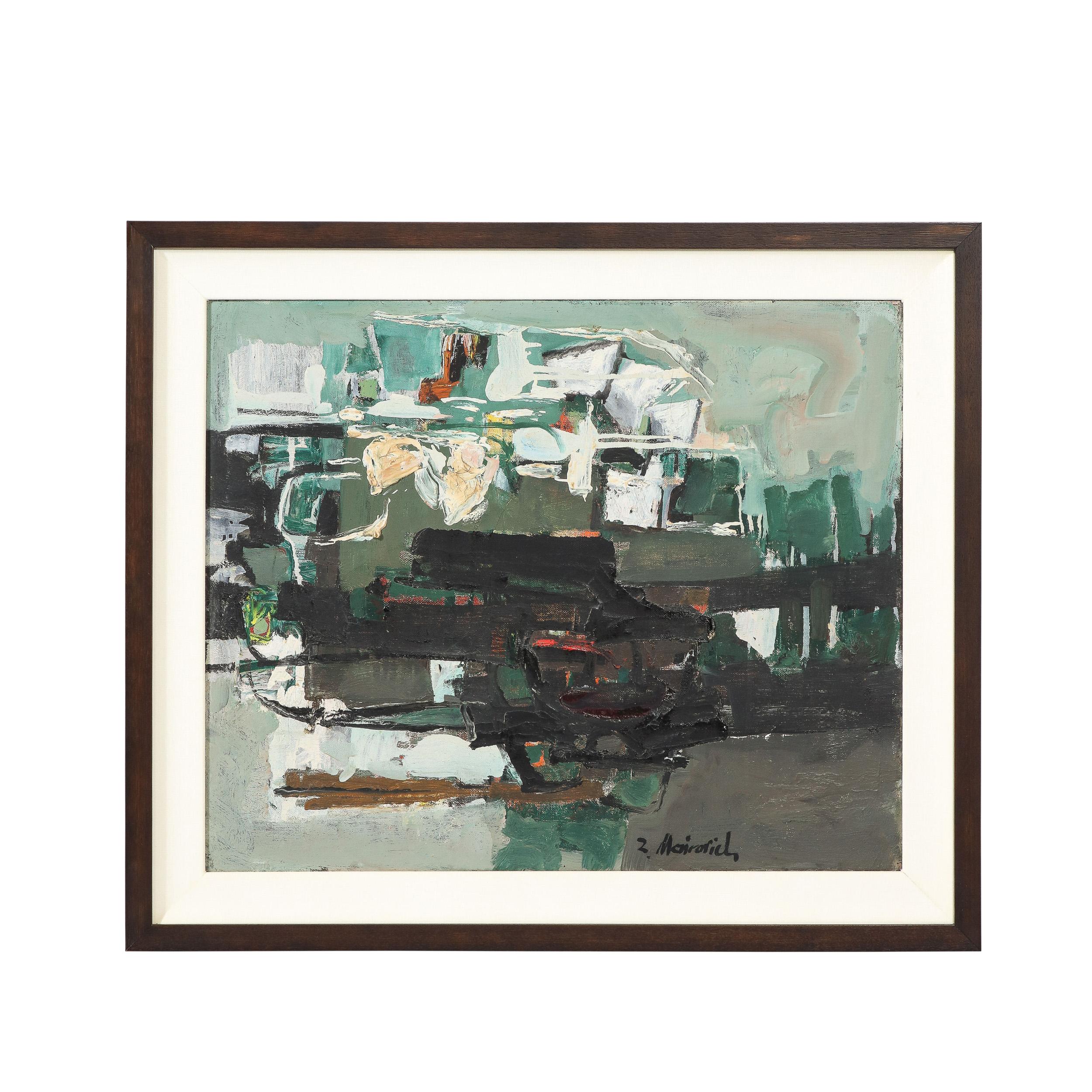 This Untitled Abstract Composition signed by the Polish Born artist Zvi Mairovich, originating from Haifa Israel, Circa 1950. Features a highly gestural abstracted landscape in hues of muted blue greens, whites, and deep blacks with flashes of reds