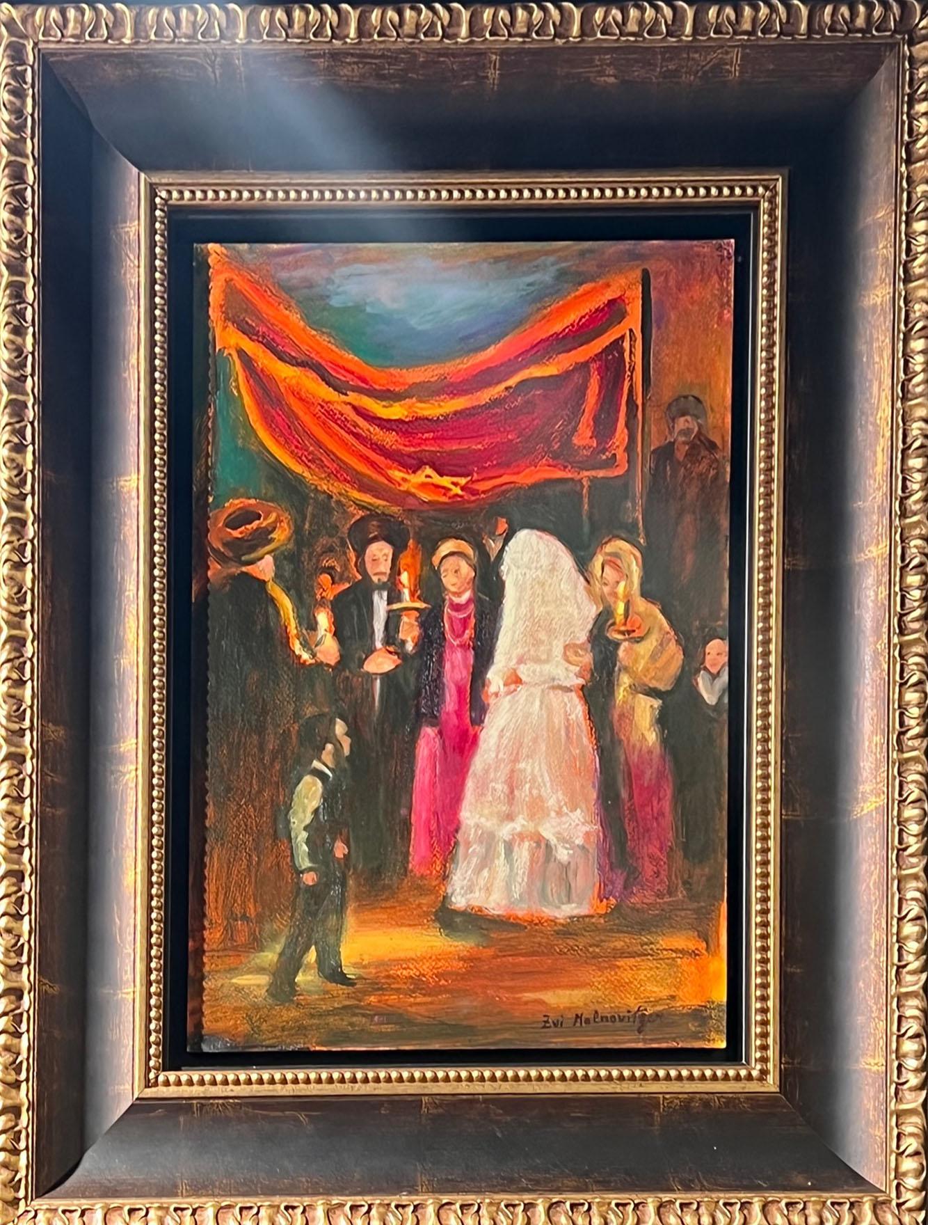 Peinture à l'huile colorée - Scène de mariage juive, art israélien judaïque - Painting de Zvi Malnovitzer
