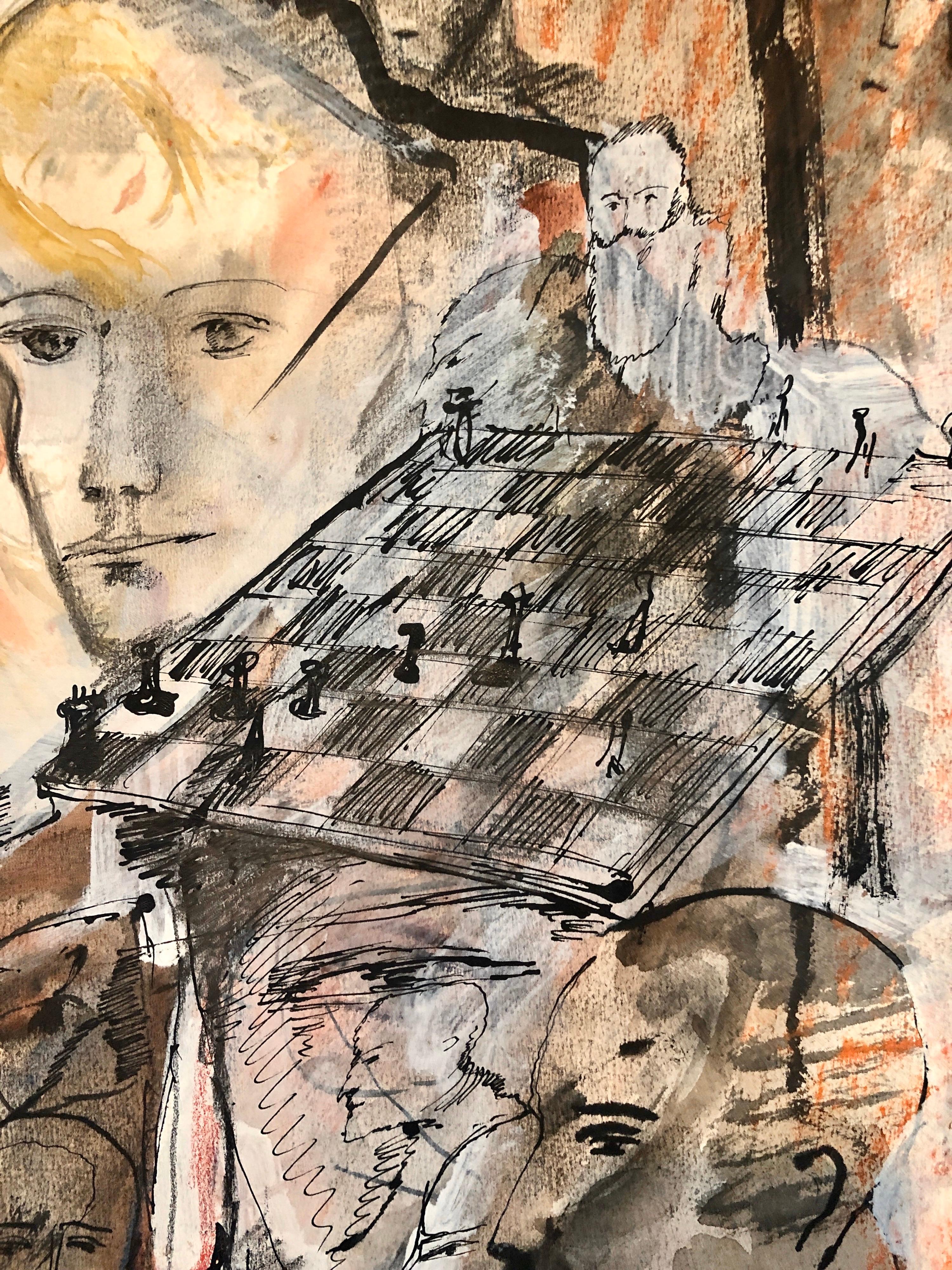 Jeu d'échecs - Tableau surréaliste israélien - Aquarelle à la gouache - Peinture d'une aquarelle  - Marron Abstract Painting par Zvi Milshtein