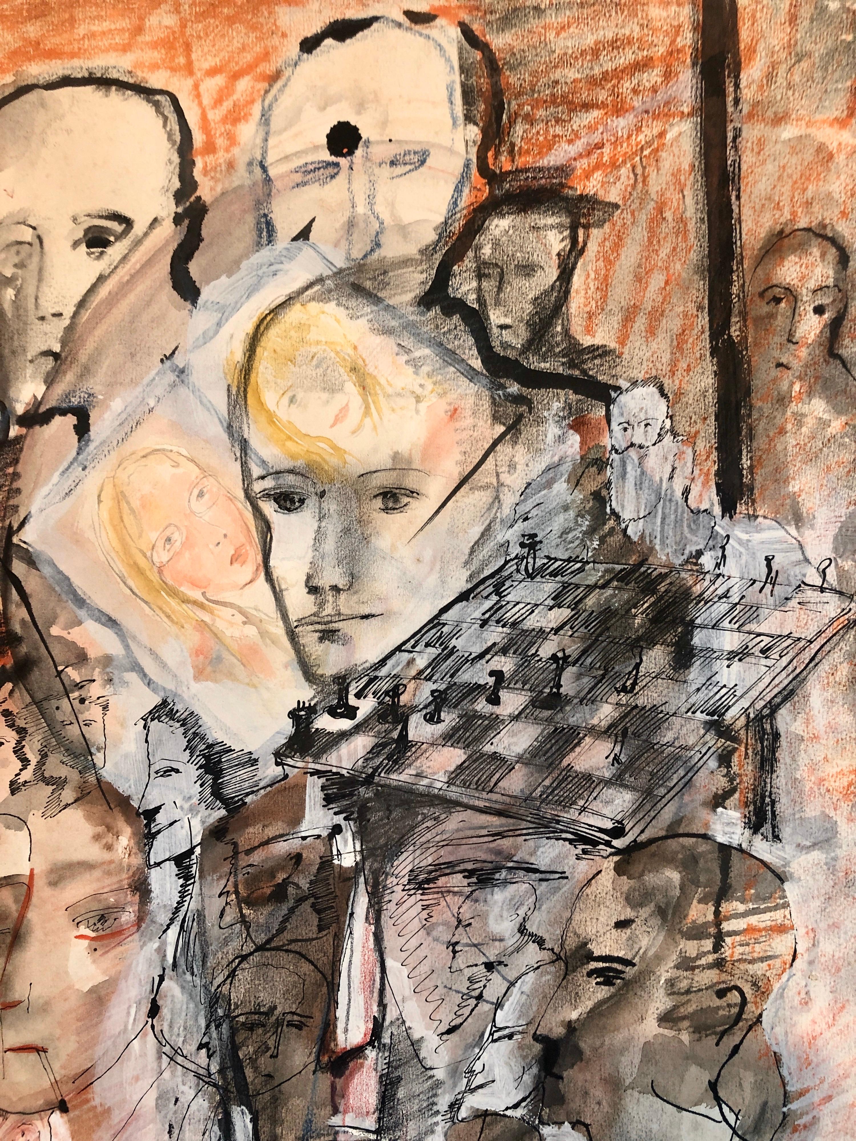 Juego de Ajedrez Francés Israelí Surrealista Acuarela Pintura Gouache en venta 1