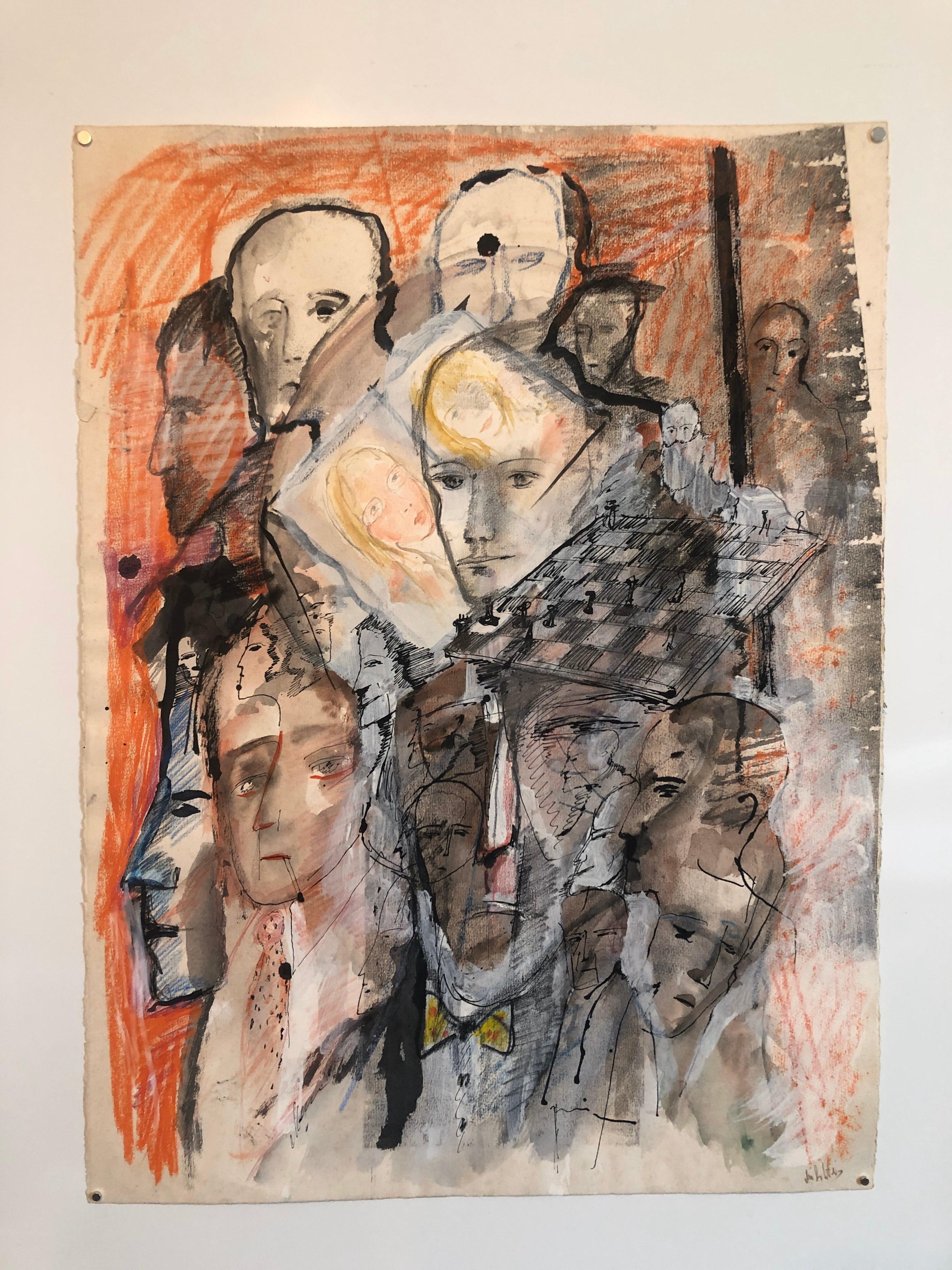 Chess Game Set French Israeli Surrealist Watercolor Gouache Painting  For Sale 3