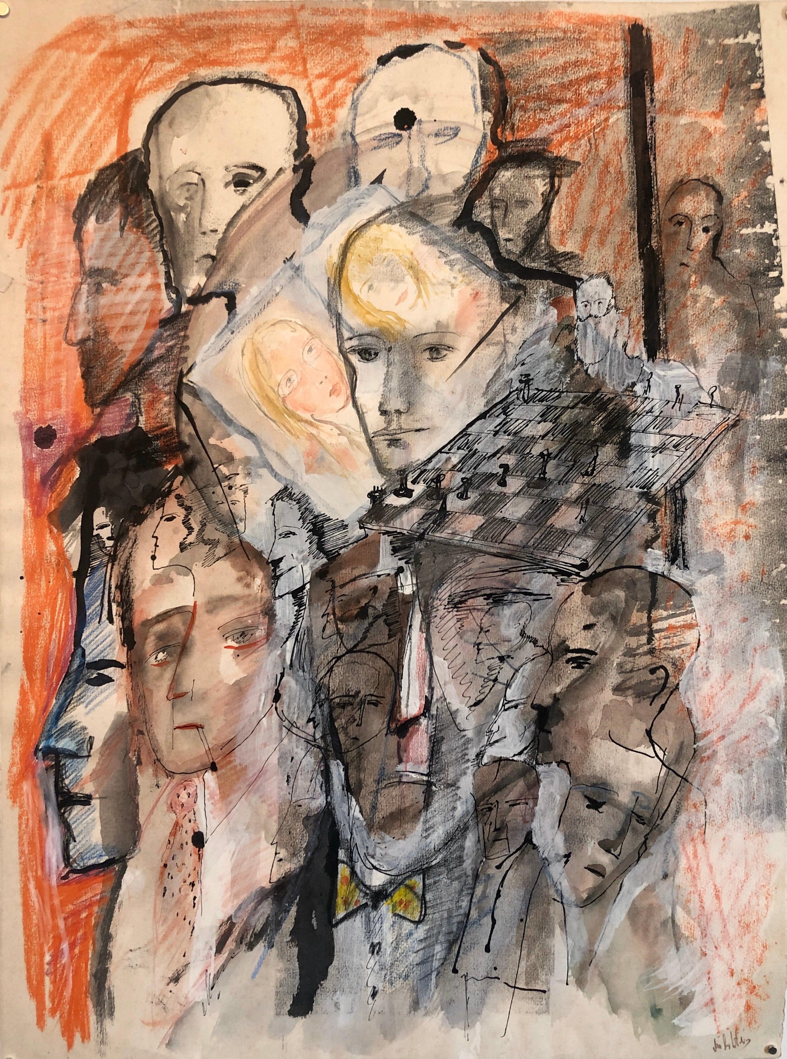 Ensemble d'échecs surréaliste israélien français, aquarelle à la gouache