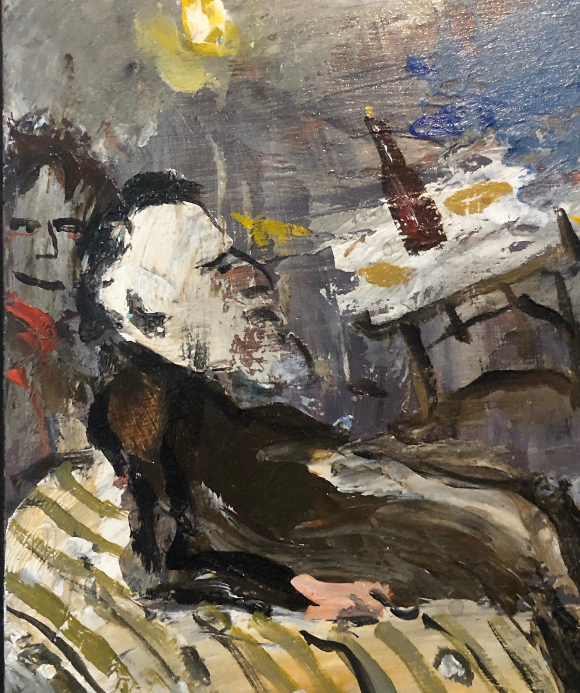 French Israeli Surrealist Judaica Jewish Oil Painting Rabbi at Table, Bottle - Brown Figurative Painting by Zvi Milshtein