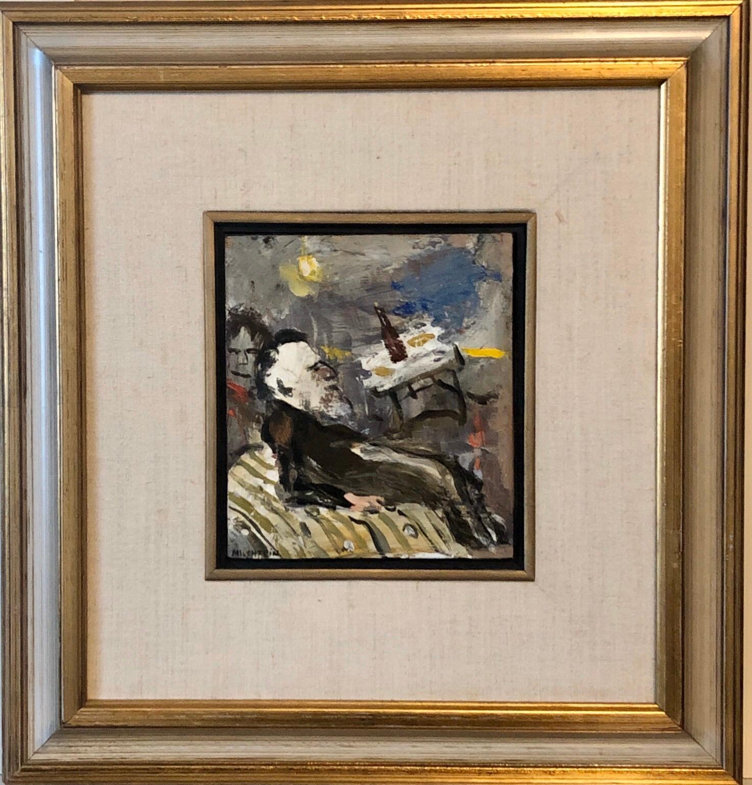 This is a small oil painting on on panel. A Rabbi at a Farbrengen
15.5 X 14.5 with frame.
6.5 X 5.5 painting alone

Zwy Milshtein (Zvi Tzvi Milstein)  BIOGRAPHY 1934 Born in Kishinev (Bessarabia) Russian, Romanian border region. He fled the Nazi