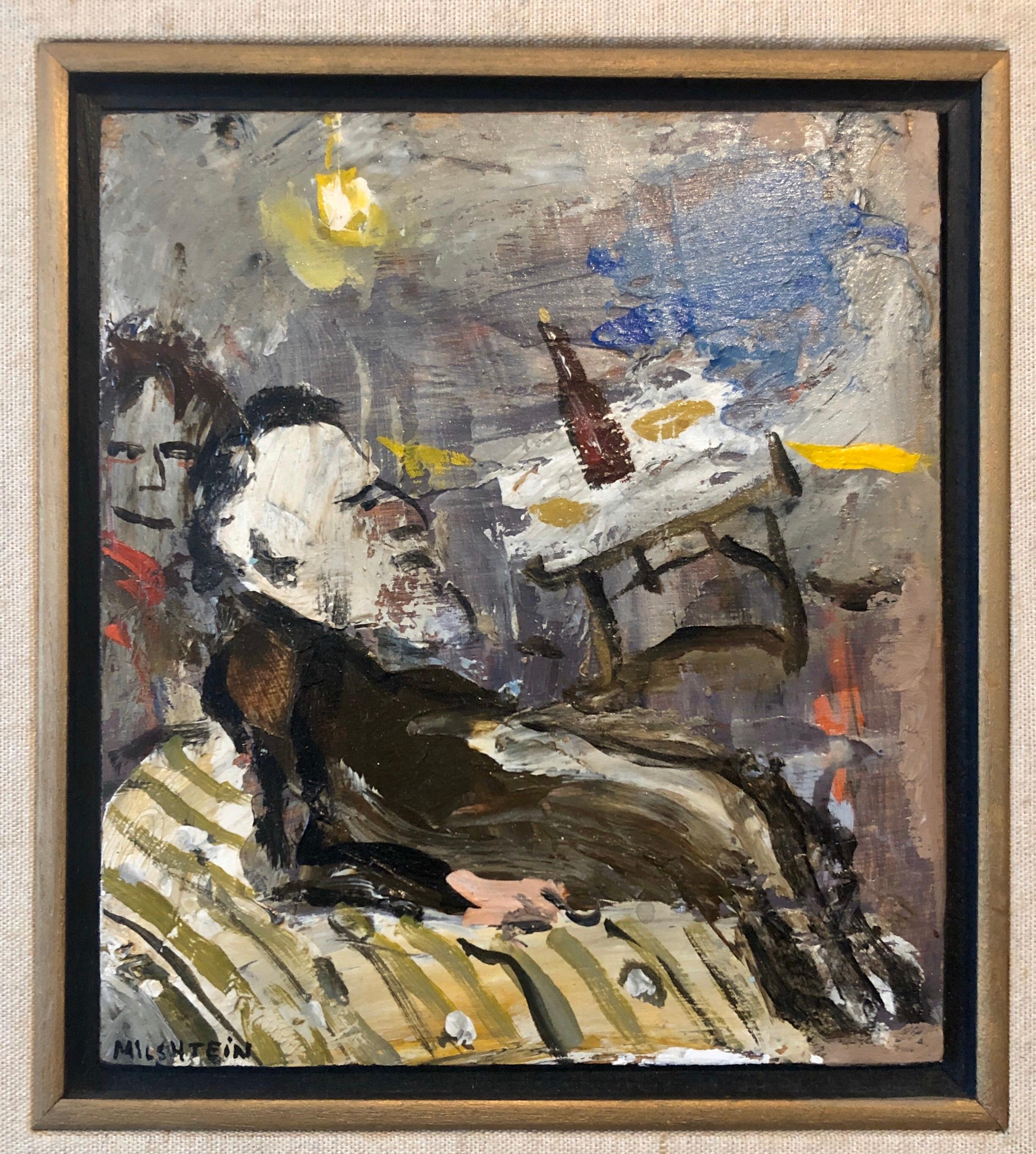 French Israeli Surrealist Judaica Jewish Oil Painting Rabbi at Table, Bottle For Sale 1