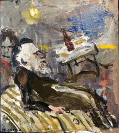 Used  French Israeli Surrealist Judaica Jewish Oil Painting Rabbi at Table, Bottle