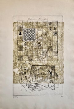 Game d'échecs Rubinstein Nimzowitsch Set Gravure à l'aquatinte surréaliste israélienne française d'un jeu d'échecs