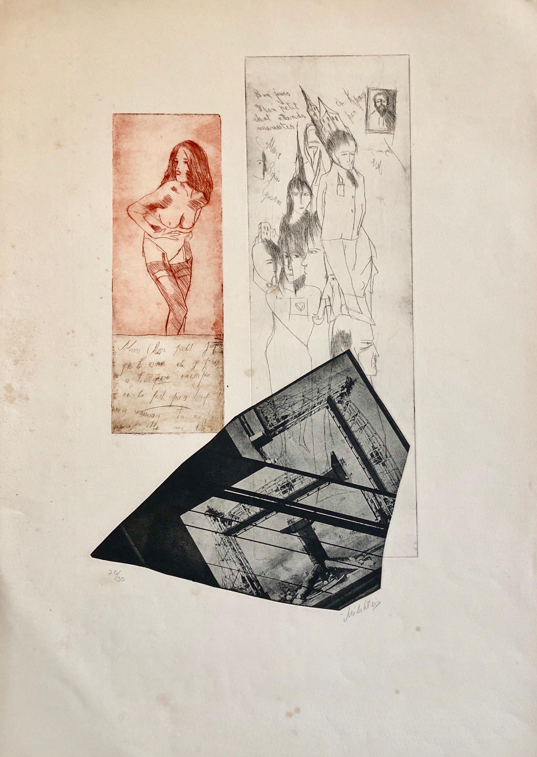 Zvi Milshtein Portrait Print - Erotic Nude French Surrealist Aquatint Etching Photo Collage Silkscreen Print