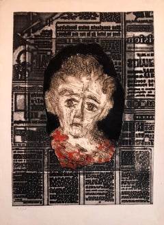 Portrait of Woman on Typeface French Jewish Surrealist Aquatint Etching Judaica