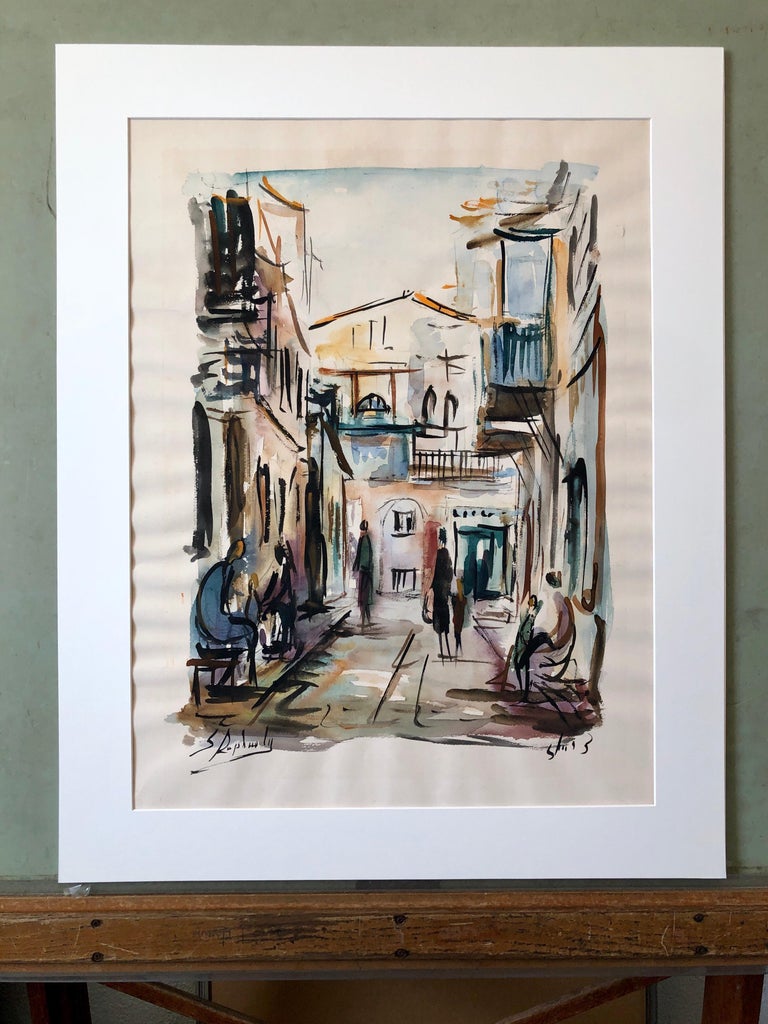 Zvi Raphaeli Israeli Judaica Jerusalem Street Watercolor Painting