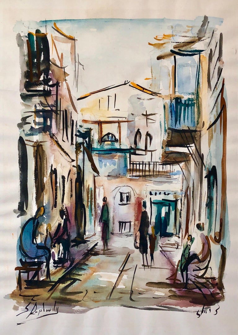 Zvi Raphaeli Israeli Judaica Jerusalem Street Watercolor Painting