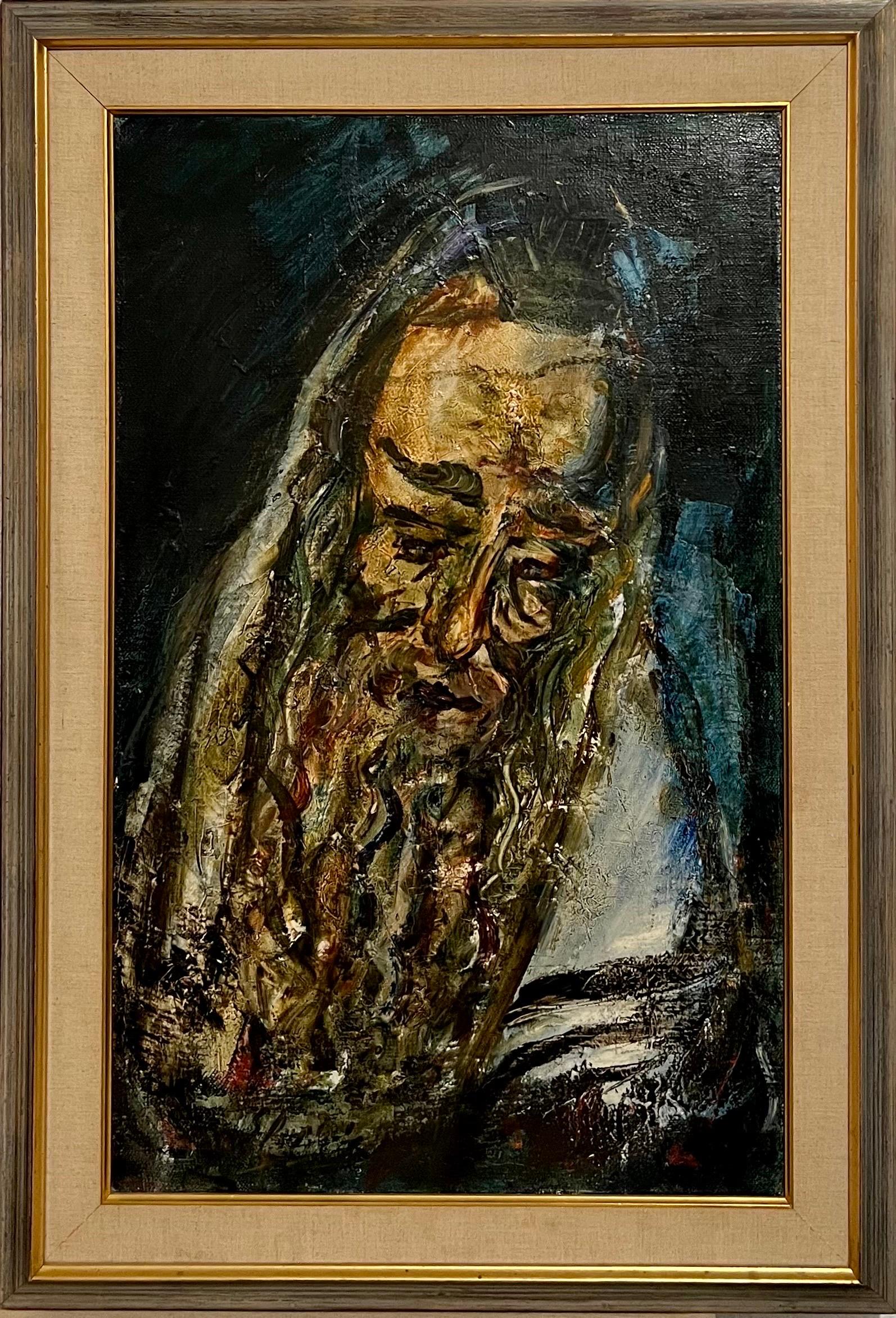 Grande pittura ad olio Judaica Jerusalem Artista Rabbino Ebreo Israeliano Tzvi Raphaely - Portrait Painting Nero di Zvi Raphaeli