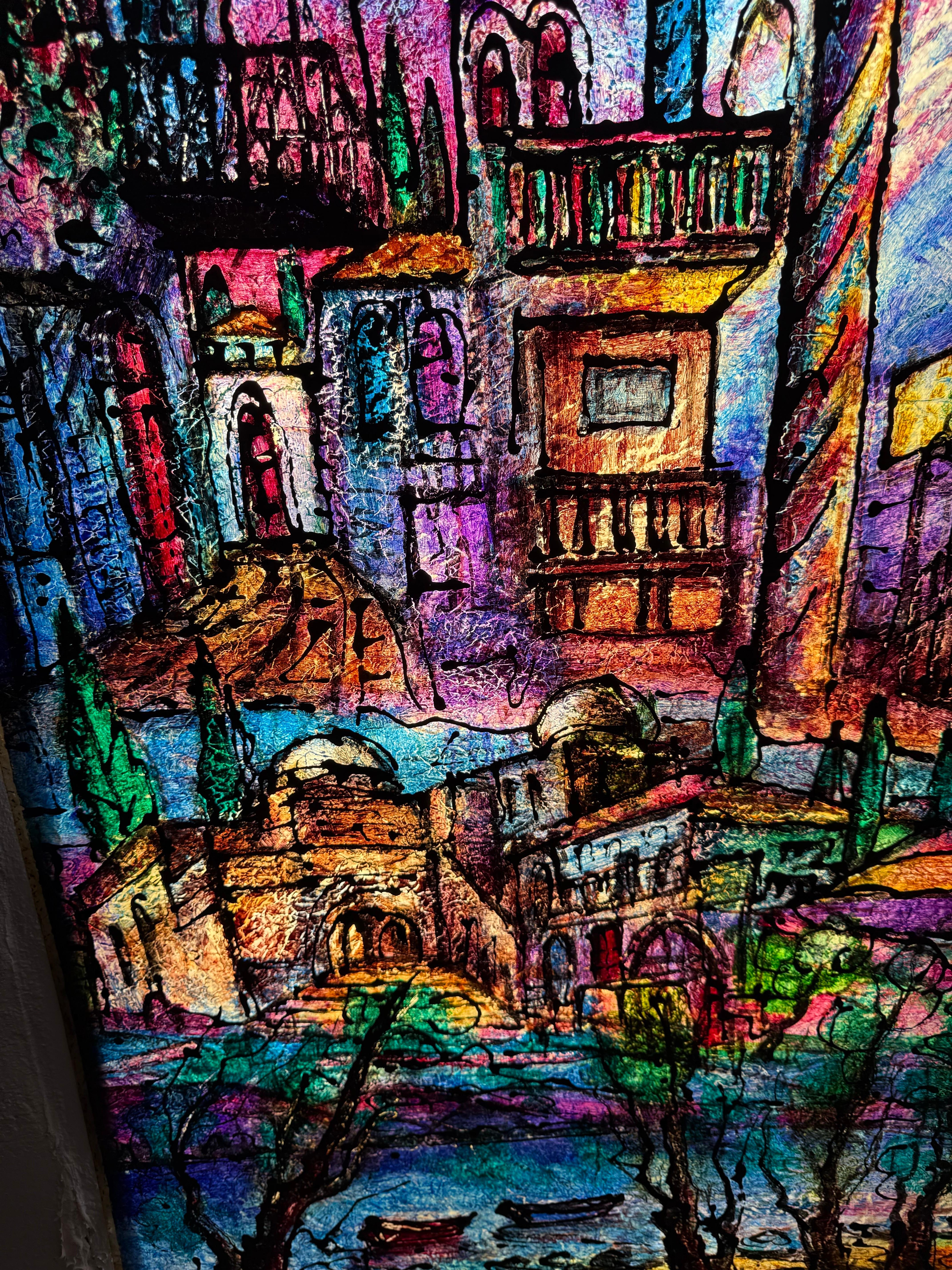 Judaica grande Pintura de Jerusalén Estilo israelí Stained glass Rabino Tzvi Raphaely en venta 5