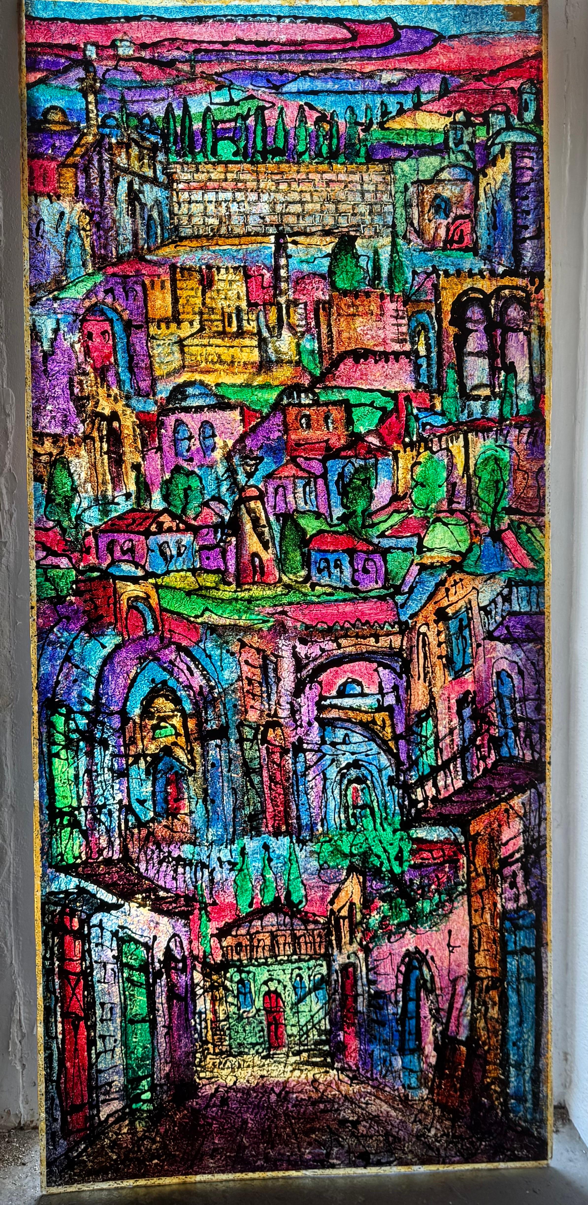 Große Judaica Jerusalem Gemälde israelischen Stained glass Stil Rabbi Tzvi Raphaely im Angebot 6