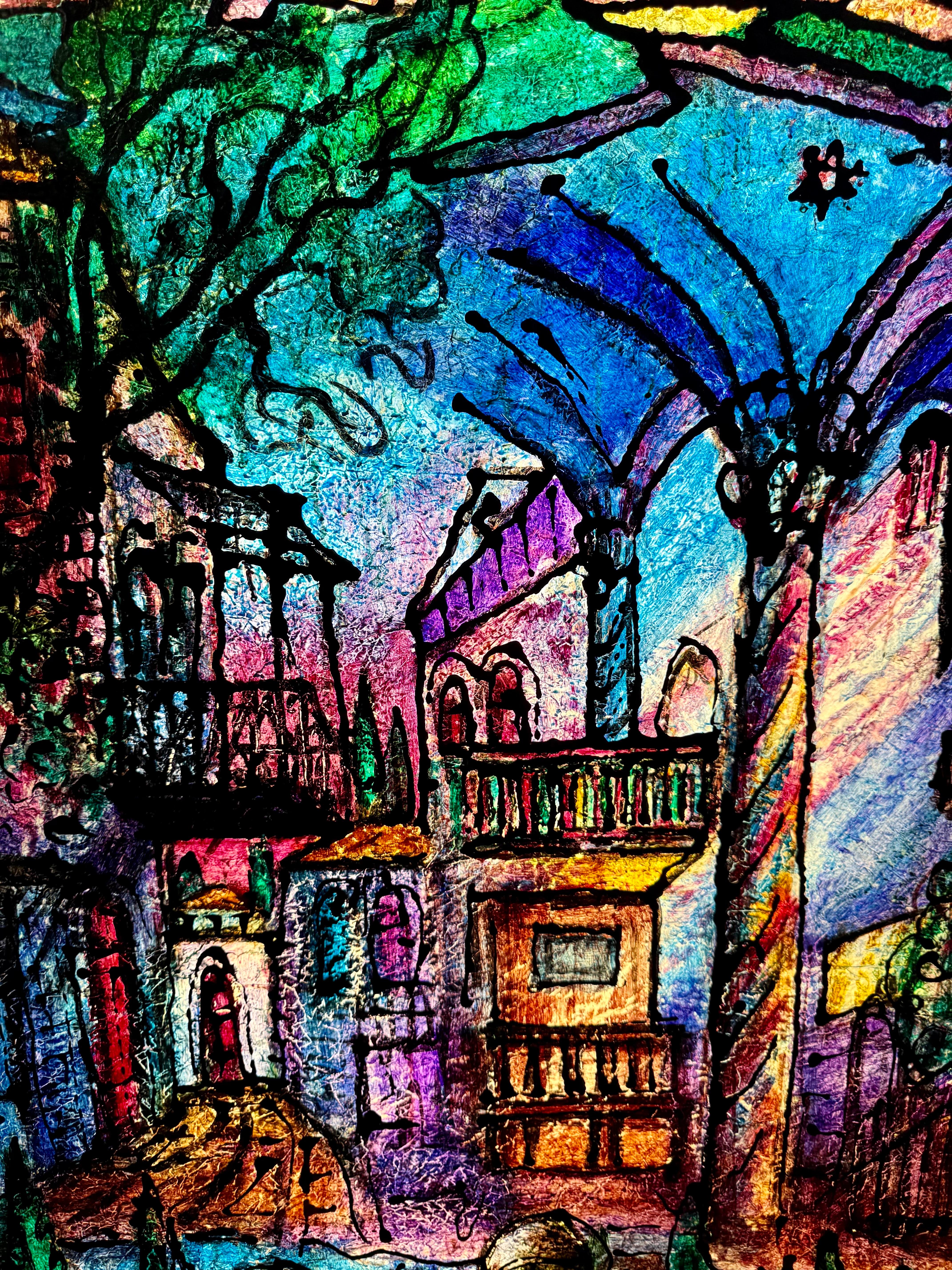 Judaica grande Pintura de Jerusalén Estilo israelí Stained glass Rabino Tzvi Raphaely en venta 6