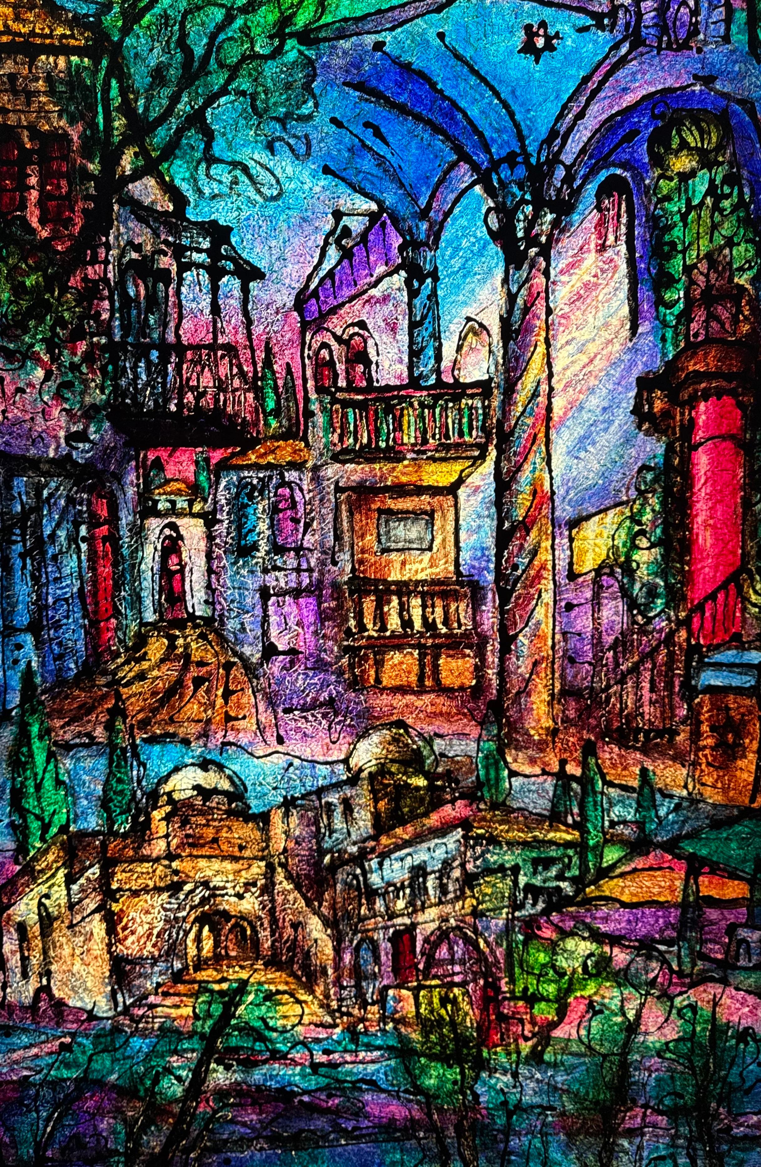 Judaica grande Pintura de Jerusalén Estilo israelí Stained glass Rabino Tzvi Raphaely en venta 7