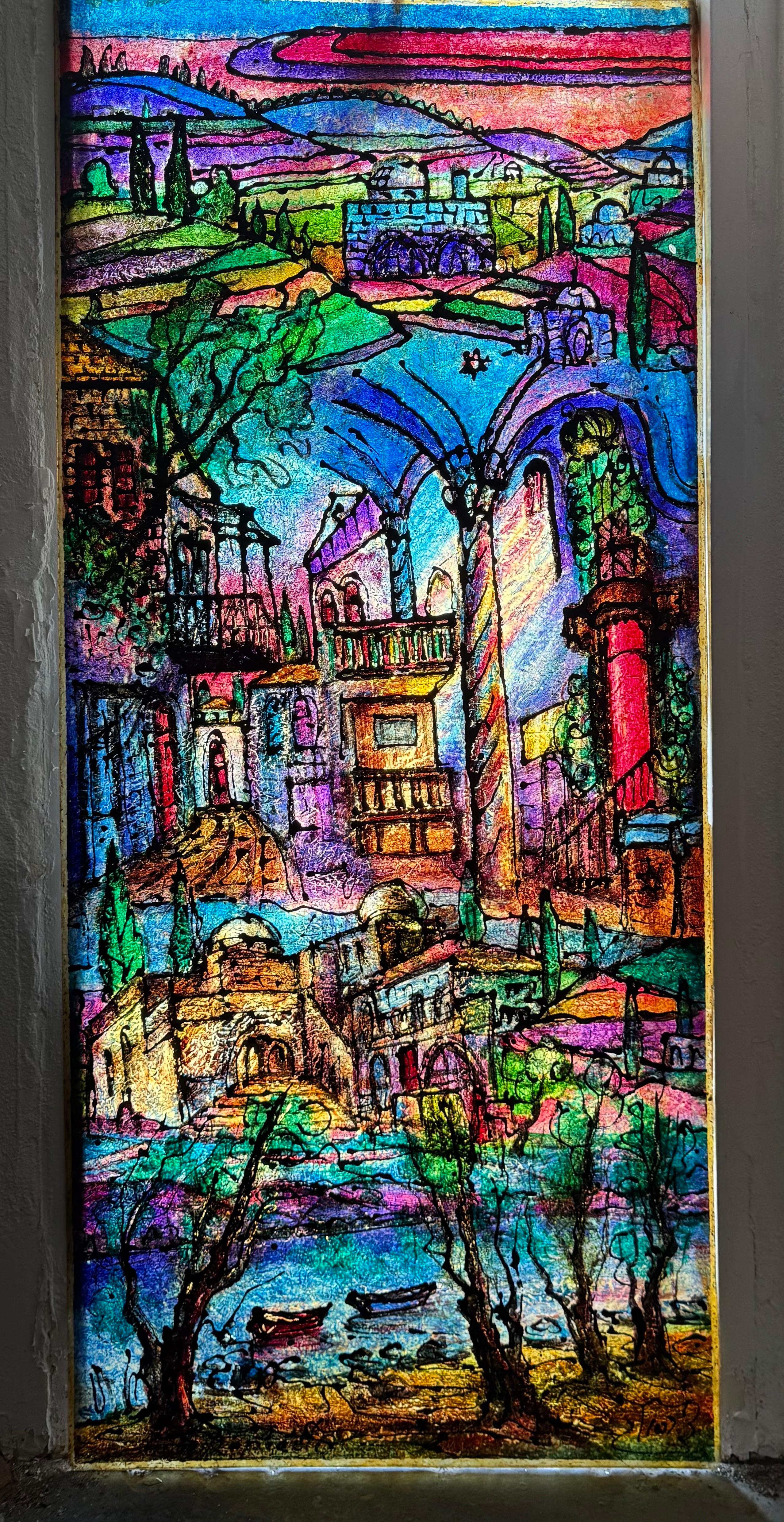 Judaica grande Pintura de Jerusalén Estilo israelí Stained glass Rabino Tzvi Raphaely en venta 8