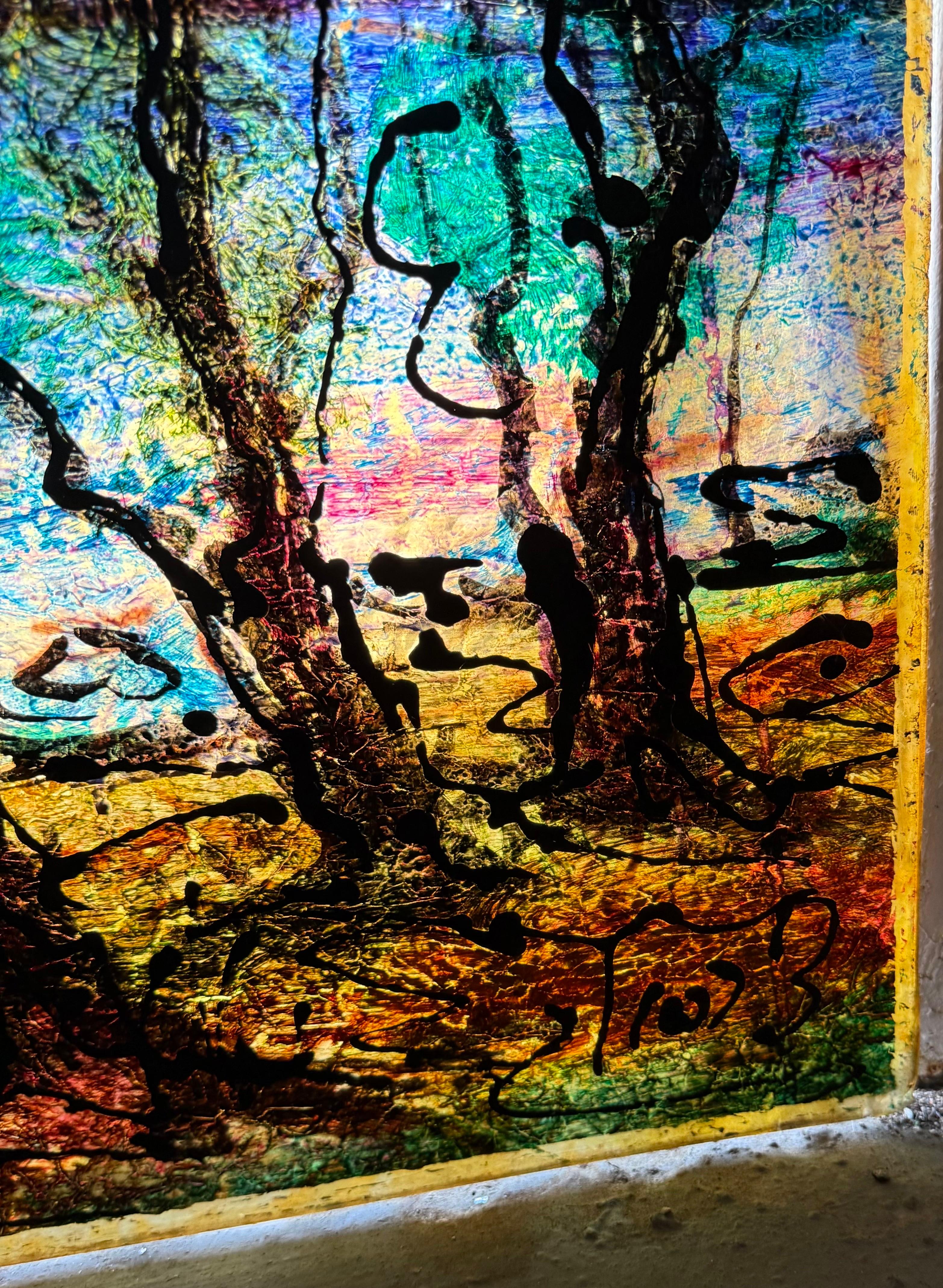 Judaica grande Pintura de Jerusalén Estilo israelí Stained glass Rabino Tzvi Raphaely en venta 9