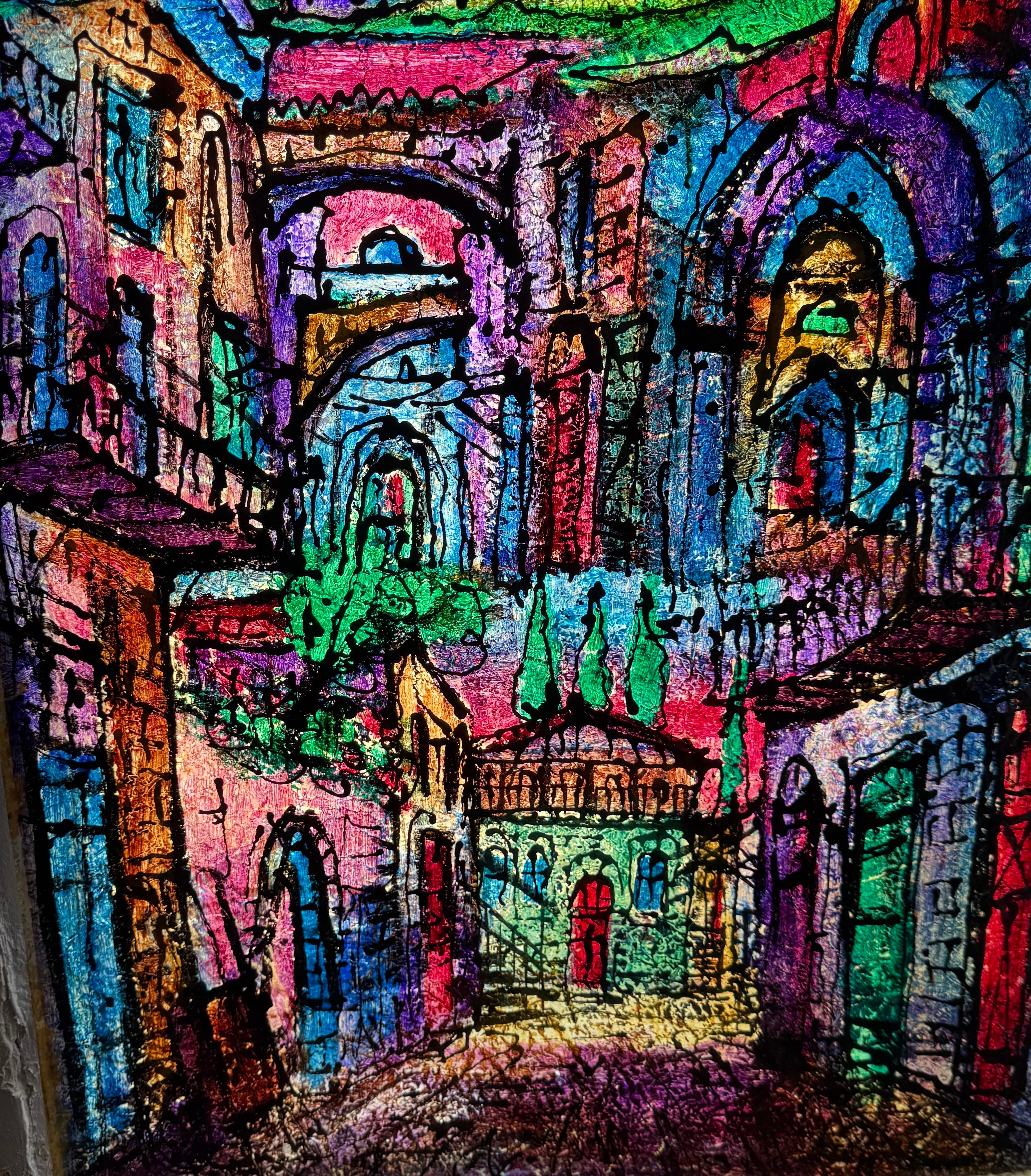 Große Judaica Jerusalem Gemälde israelischen Stained glass Stil Rabbi Tzvi Raphaely im Angebot 11