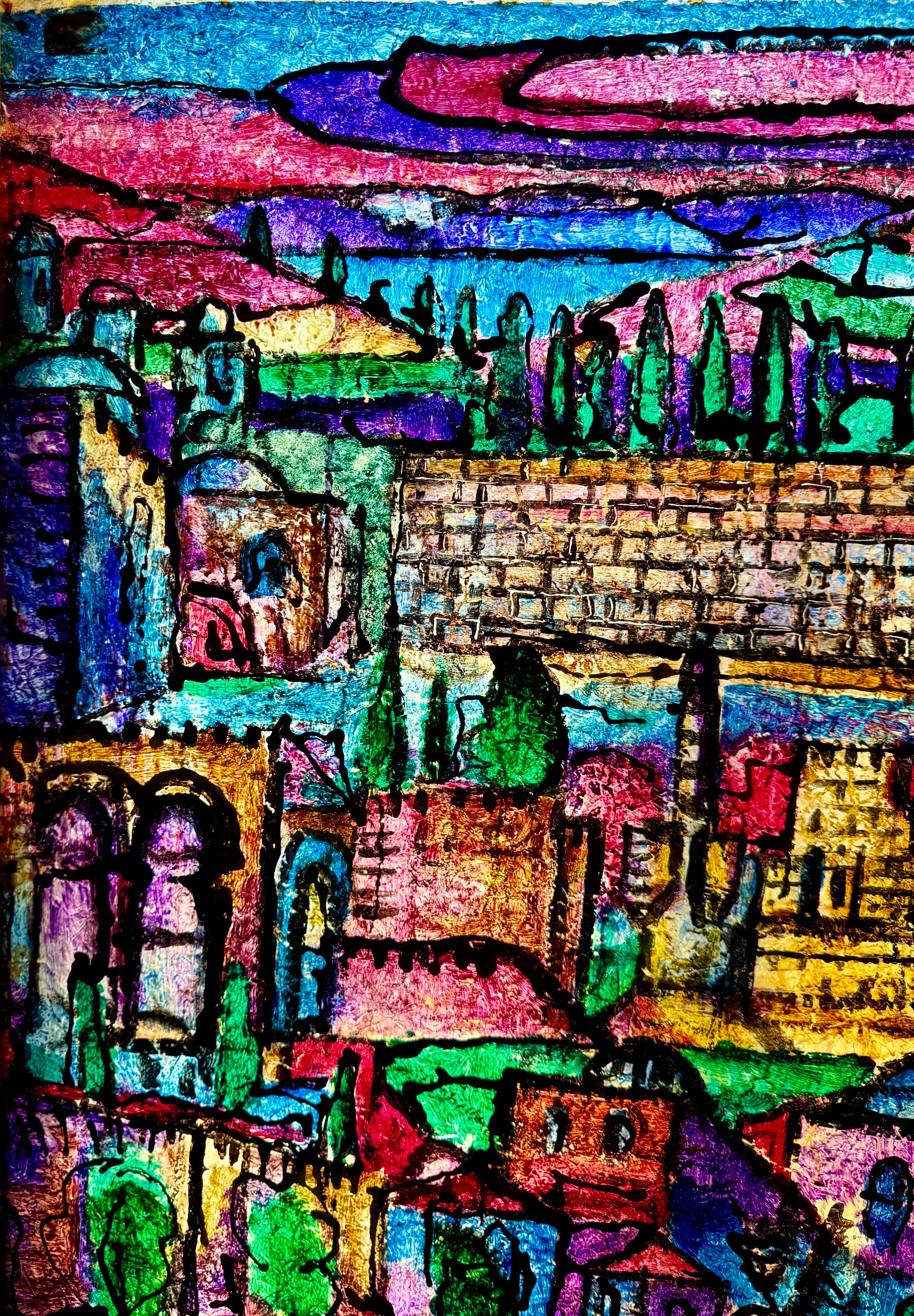 Große Judaica Jerusalem Gemälde israelischen Stained glass Stil Rabbi Tzvi Raphaely im Angebot 12